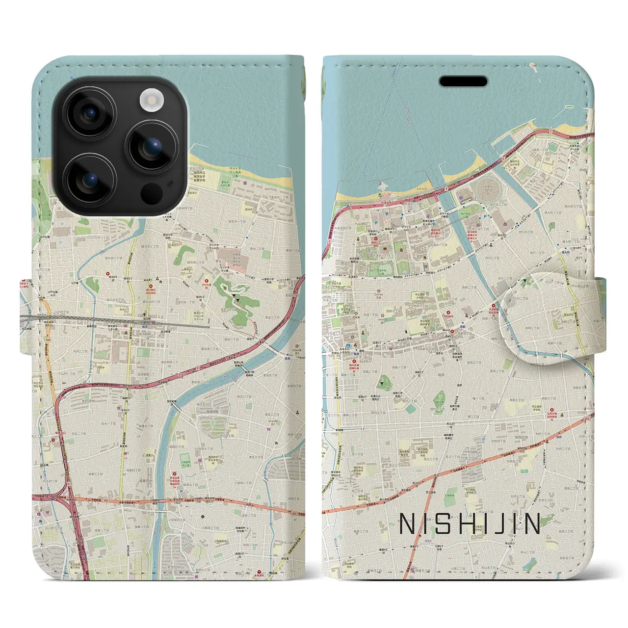 【西新(福岡県)】地図柄iPhoneケース(手帳タイプ)ナチュラル・iPhone 16 用