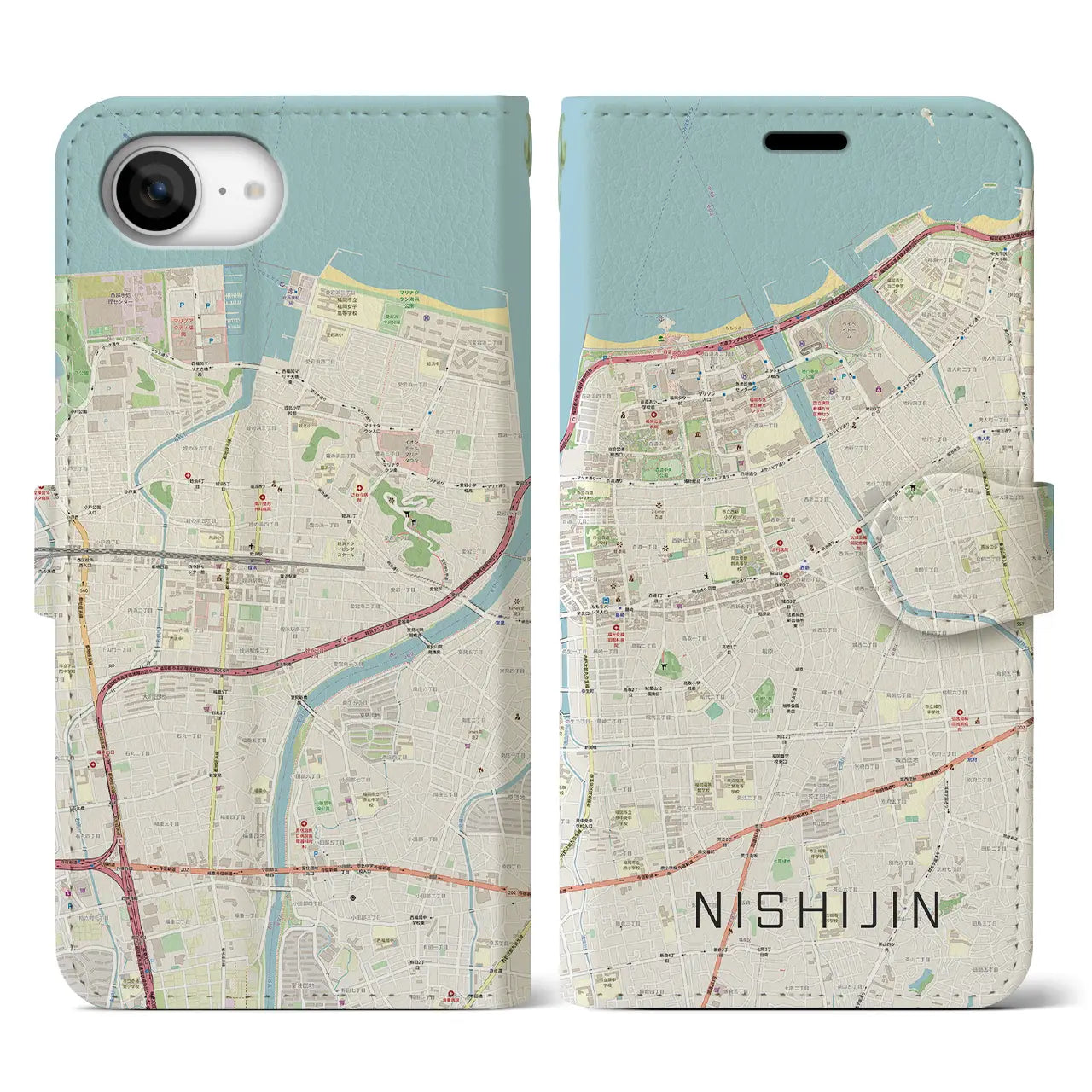 【西新(福岡県)】地図柄iPhoneケース(手帳タイプ)