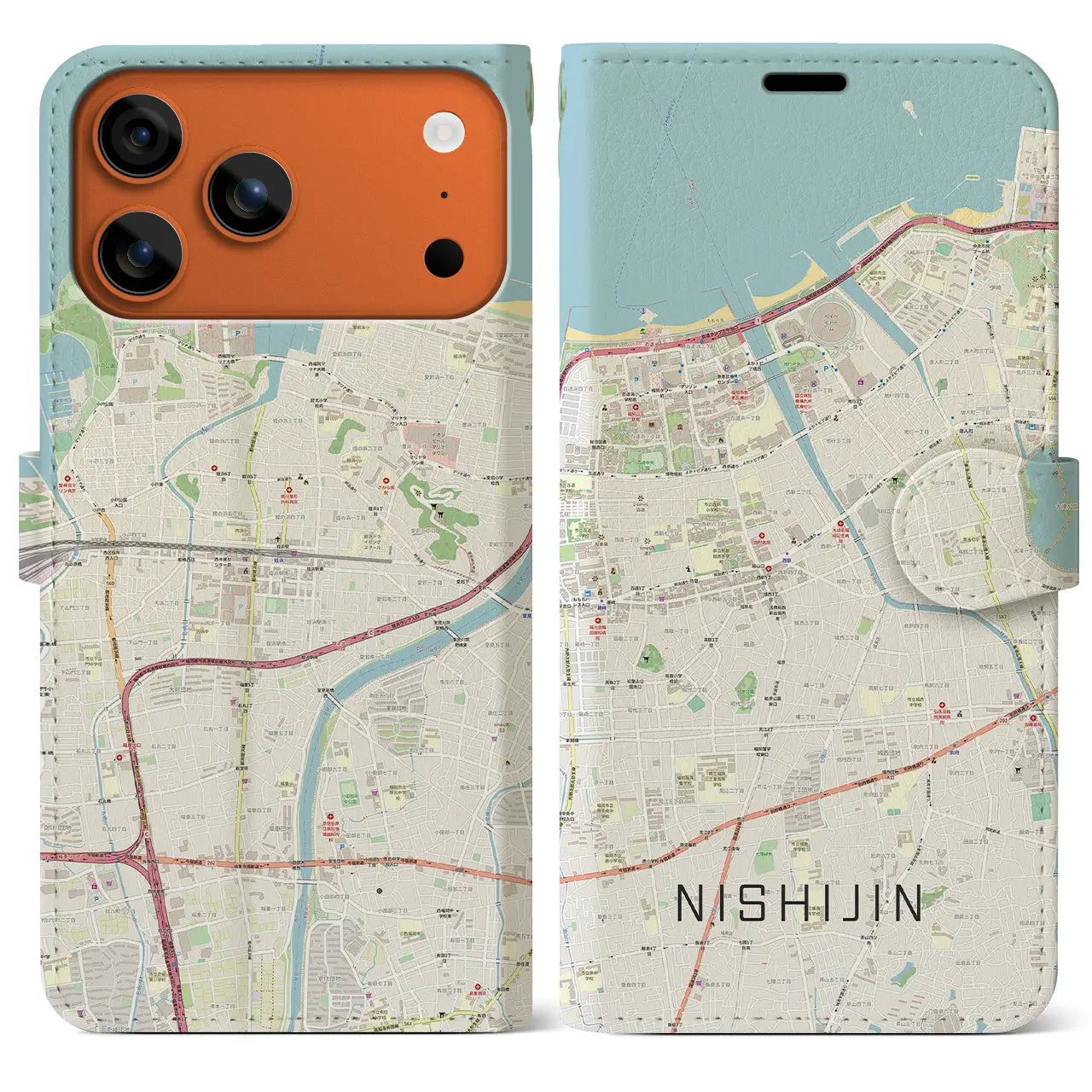 【西新(福岡県)】地図柄iPhoneケース(手帳タイプ)