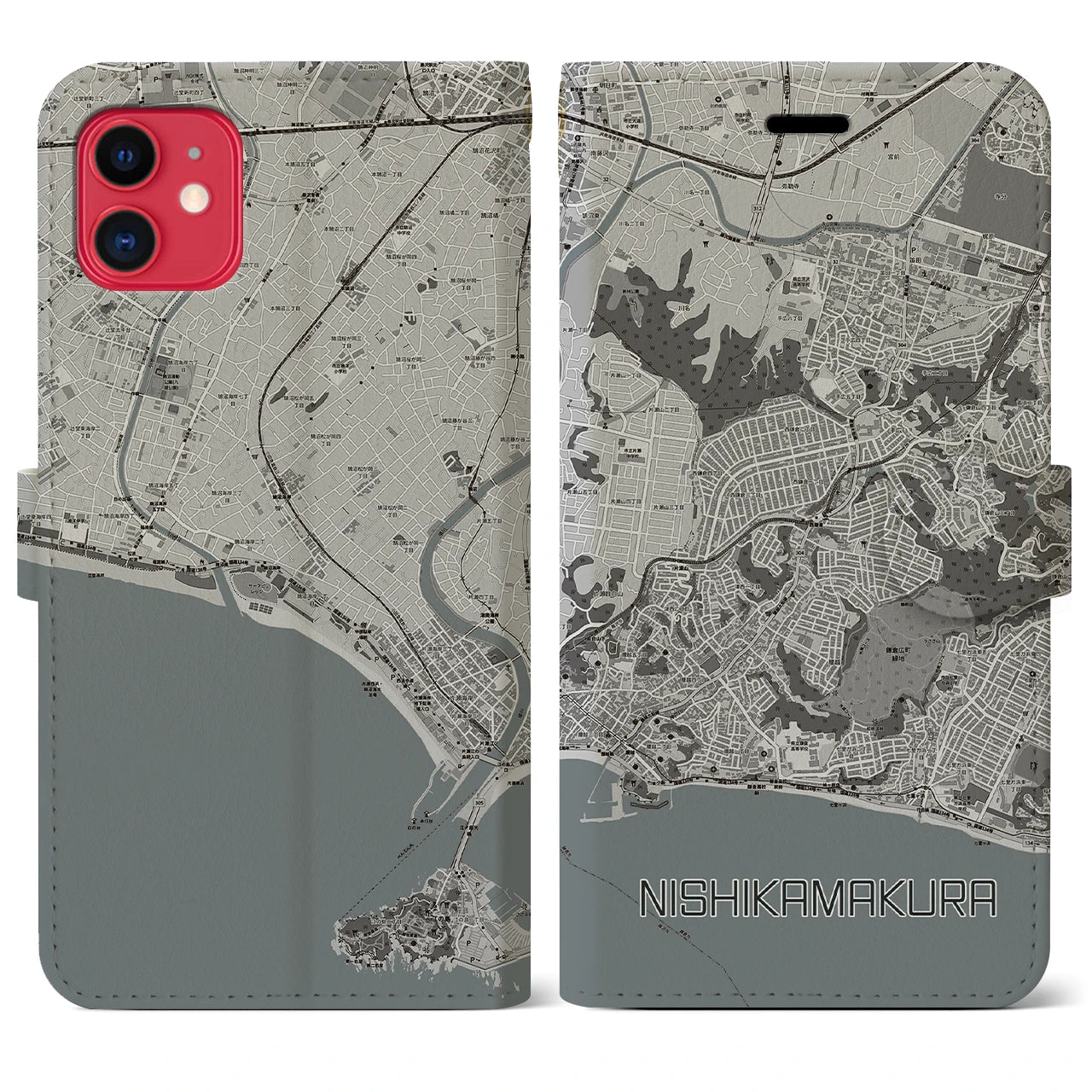 【西鎌倉(神奈川県)】地図柄iPhoneケース(手帳タイプ)モノトーン・iPhone 11 用