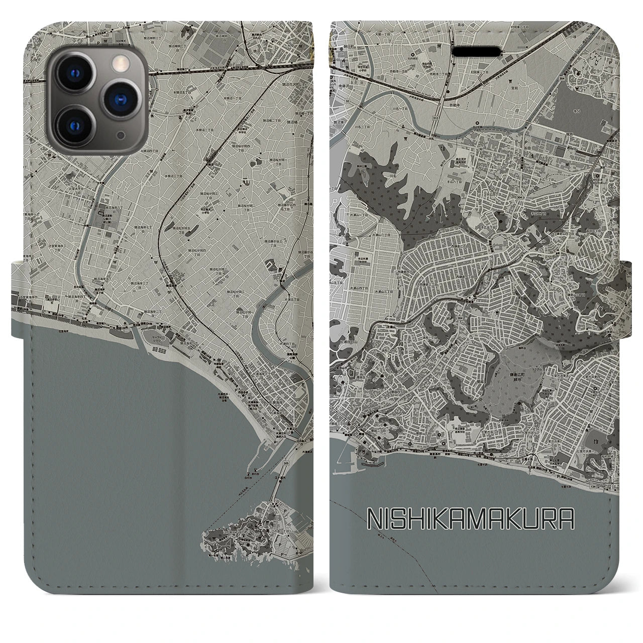【西鎌倉(神奈川県)】地図柄iPhoneケース(手帳タイプ)モノトーン・iPhone 11 Pro Max 用