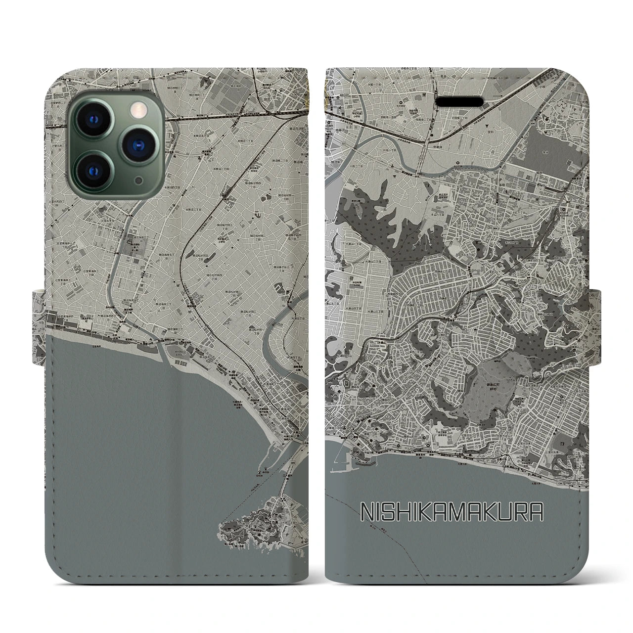 【西鎌倉(神奈川県)】地図柄iPhoneケース(手帳タイプ)モノトーン・iPhone 11 Pro 用