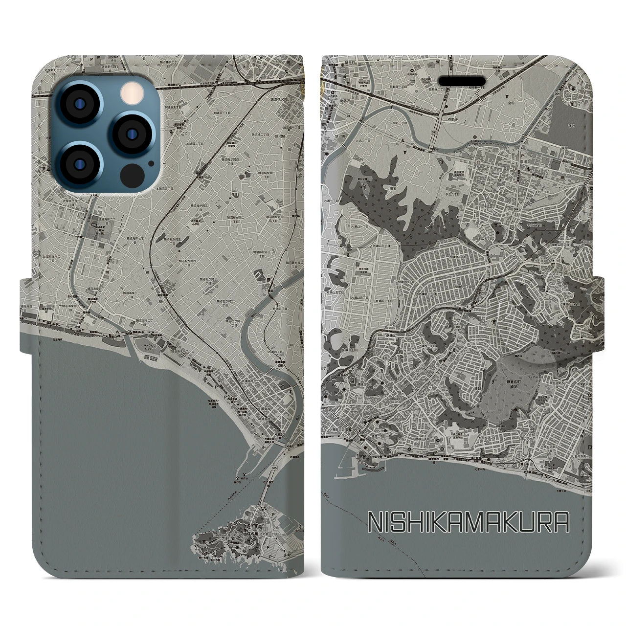 【西鎌倉(神奈川県)】地図柄iPhoneケース(手帳タイプ)モノトーン・iPhone 12 / 12 Pro 用