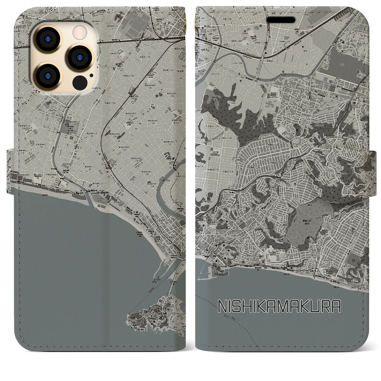 【西鎌倉(神奈川県)】地図柄iPhoneケース(手帳タイプ)モノトーン・iPhone 12 Pro Max 用