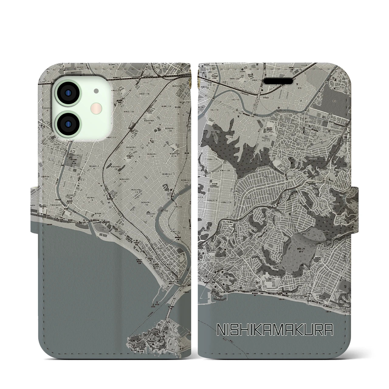 【西鎌倉(神奈川県)】地図柄iPhoneケース(手帳タイプ)モノトーン・iPhone 12 mini 用