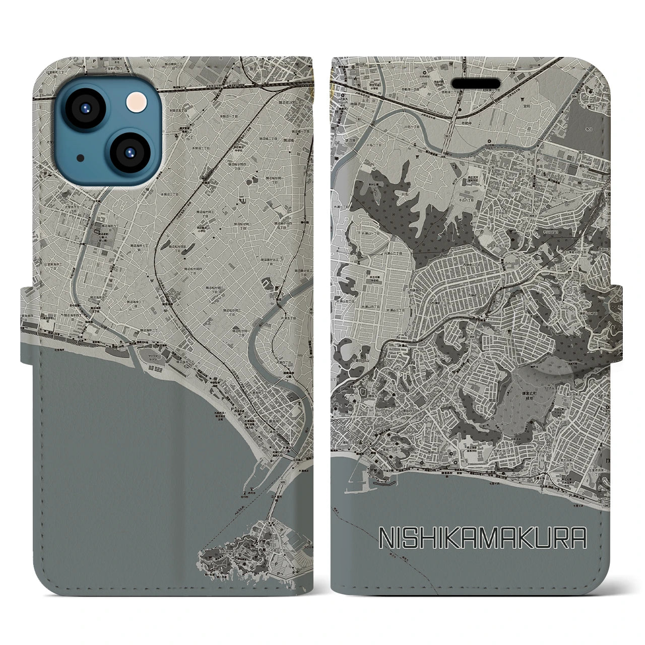 【西鎌倉(神奈川県)】地図柄iPhoneケース(手帳タイプ)モノトーン・iPhone 13 用