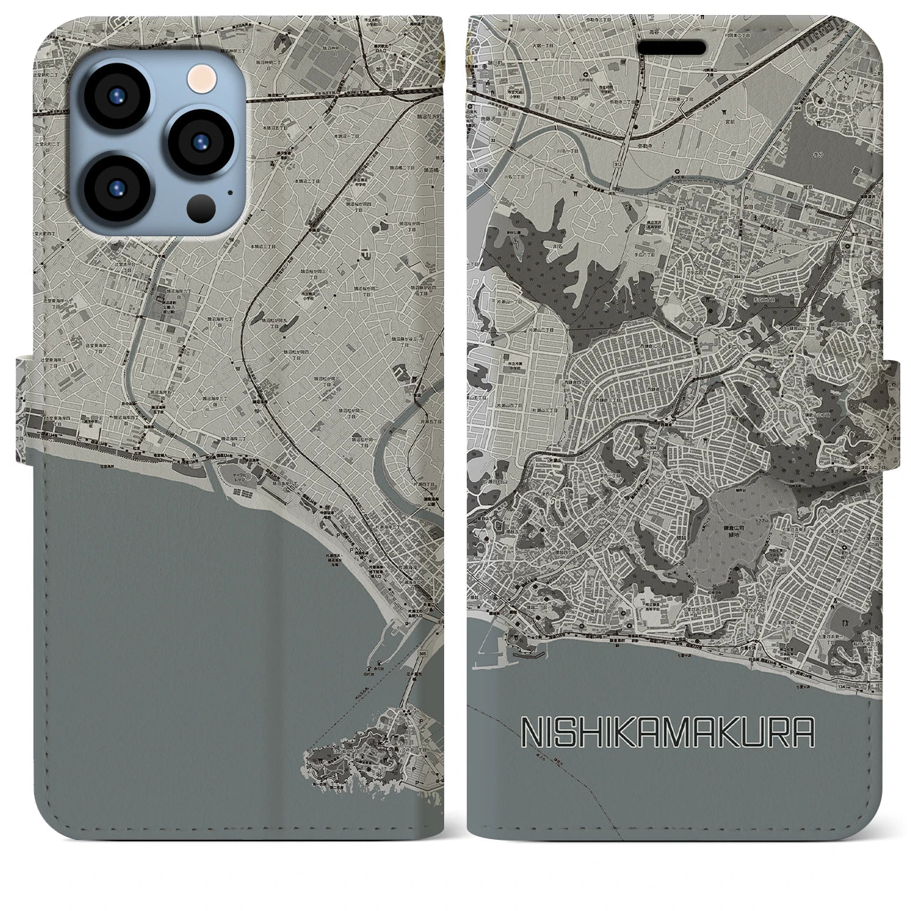 【西鎌倉(神奈川県)】地図柄iPhoneケース(手帳タイプ)モノトーン・iPhone 13 Pro Max 用