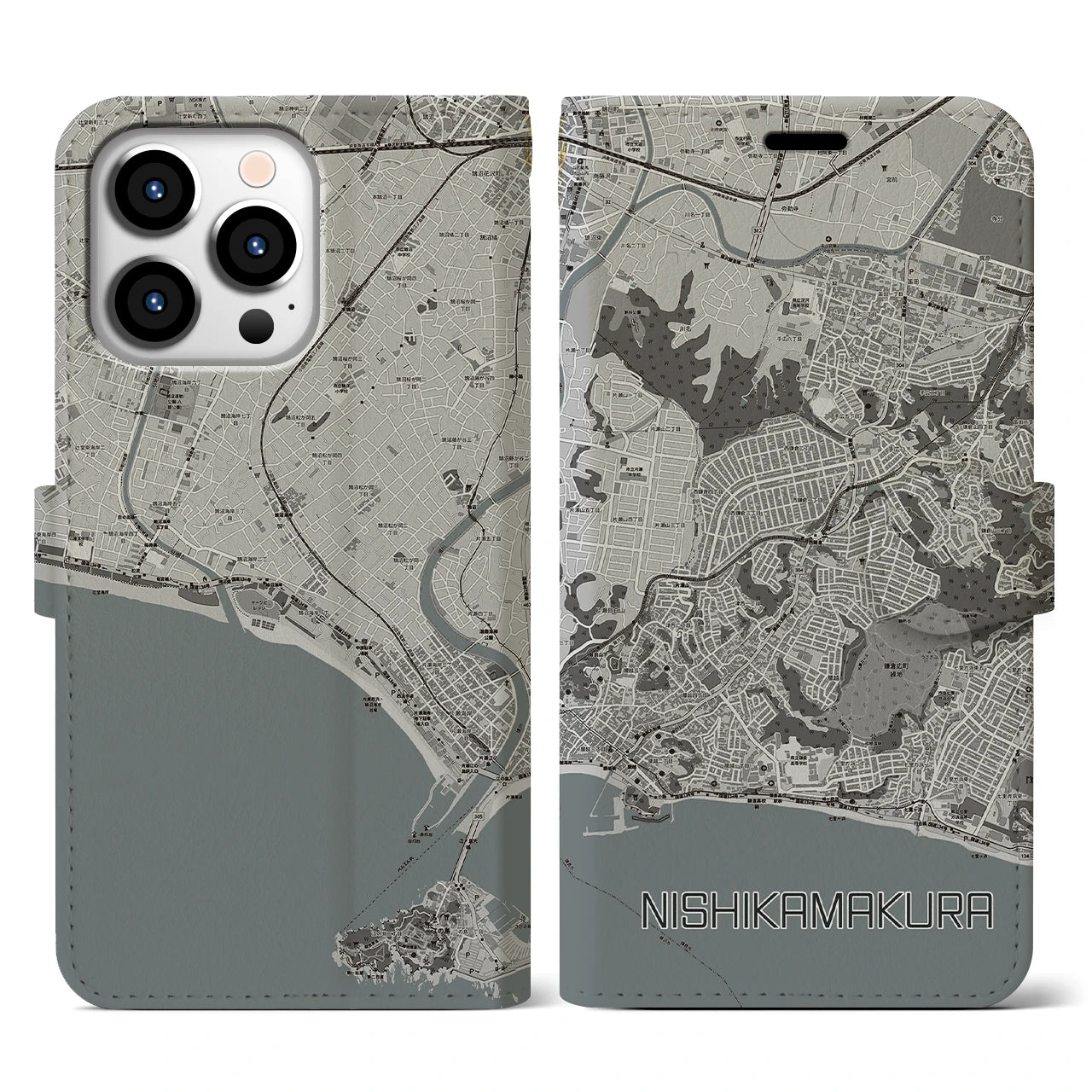 【西鎌倉(神奈川県)】地図柄iPhoneケース(手帳タイプ)モノトーン・iPhone 13 Pro 用