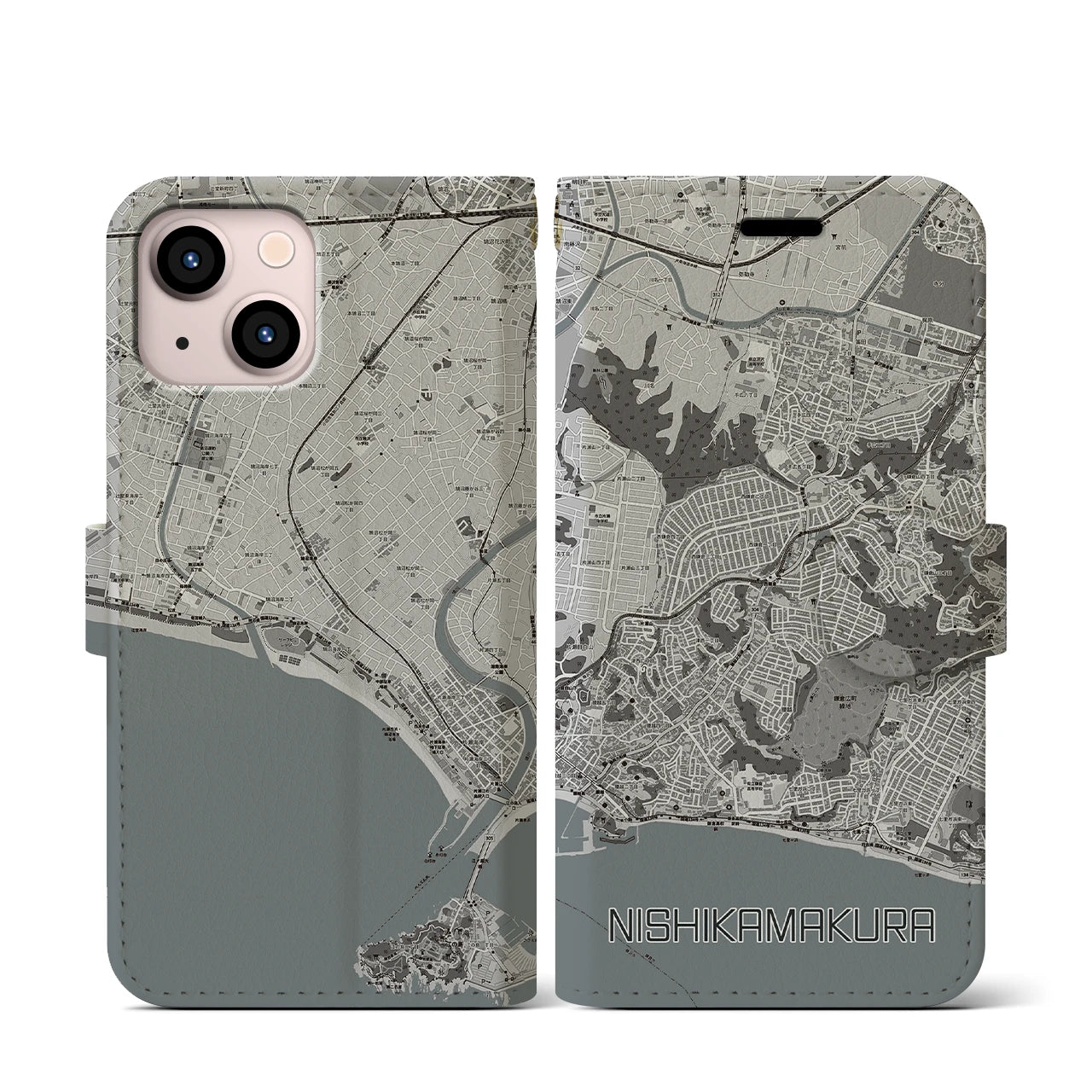 【西鎌倉(神奈川県)】地図柄iPhoneケース(手帳タイプ)モノトーン・iPhone 13 mini 用