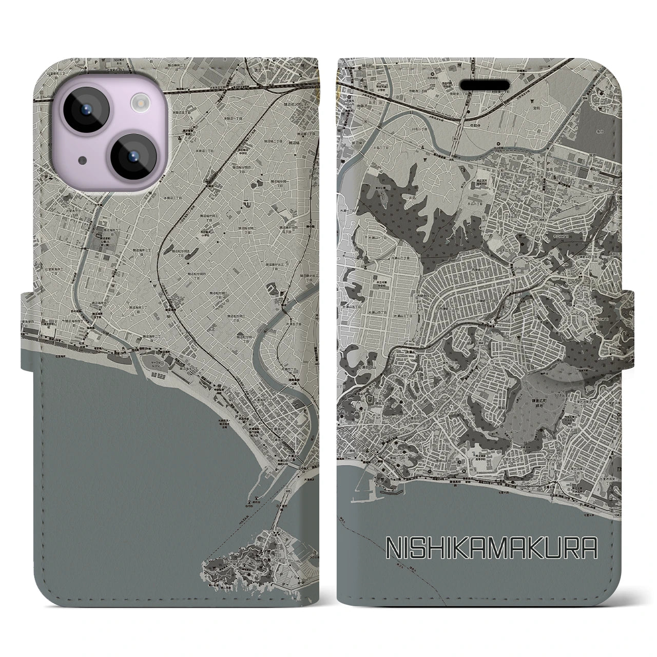 【西鎌倉(神奈川県)】地図柄iPhoneケース(手帳タイプ)モノトーン・iPhone 14 用