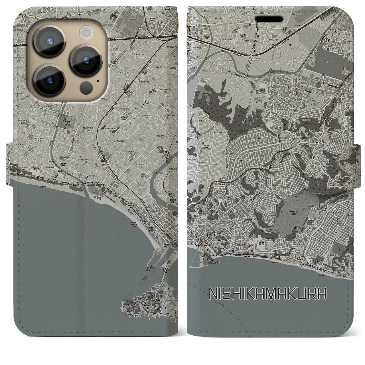 【西鎌倉(神奈川県)】地図柄iPhoneケース(手帳タイプ)モノトーン・iPhone 14 Pro Max 用