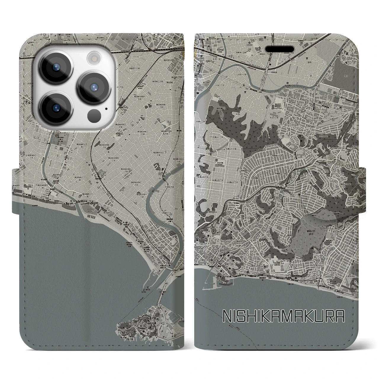 【西鎌倉(神奈川県)】地図柄iPhoneケース(手帳タイプ)モノトーン・iPhone 14 Pro 用