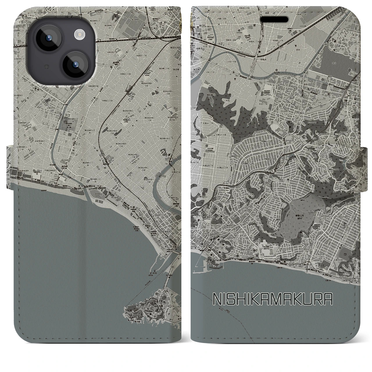 【西鎌倉(神奈川県)】地図柄iPhoneケース(手帳タイプ)モノトーン・iPhone 14 Plus 用