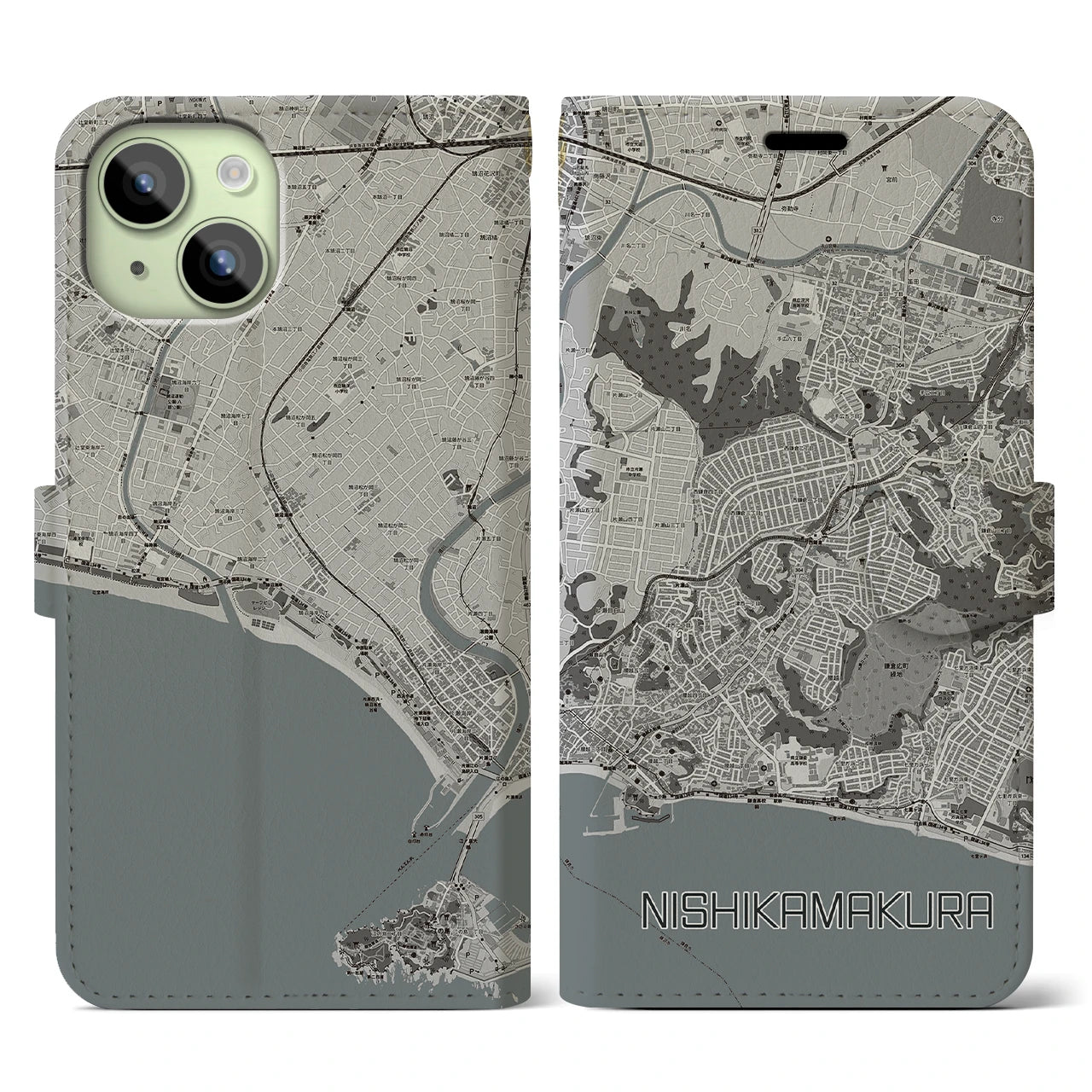 【西鎌倉(神奈川県)】地図柄iPhoneケース(手帳タイプ)モノトーン・iPhone 15 用
