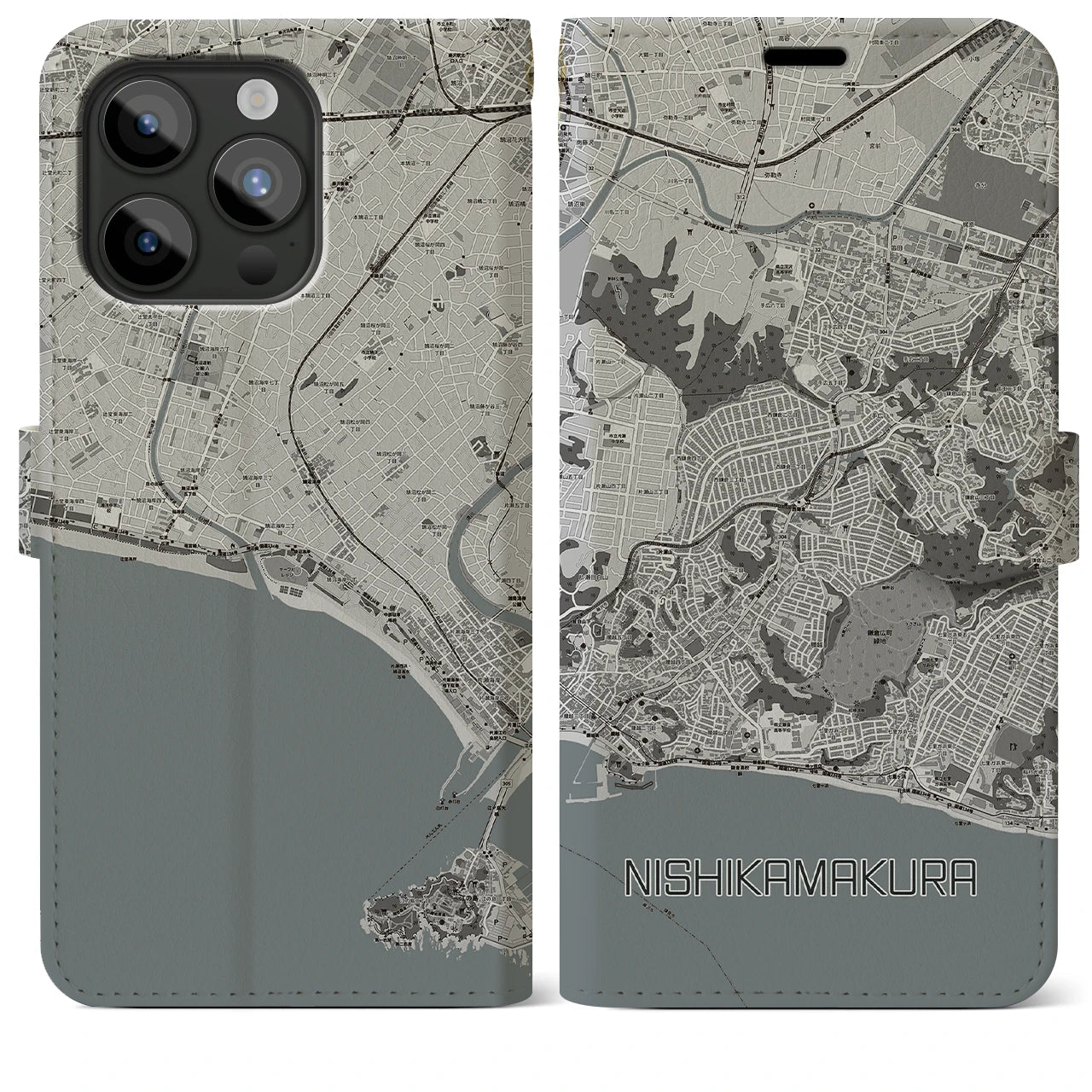 【西鎌倉(神奈川県)】地図柄iPhoneケース(手帳タイプ)モノトーン・iPhone 15 Pro Max 用