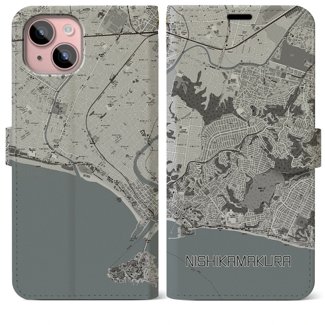 【西鎌倉(神奈川県)】地図柄iPhoneケース(手帳タイプ)モノトーン・iPhone 15 Plus 用