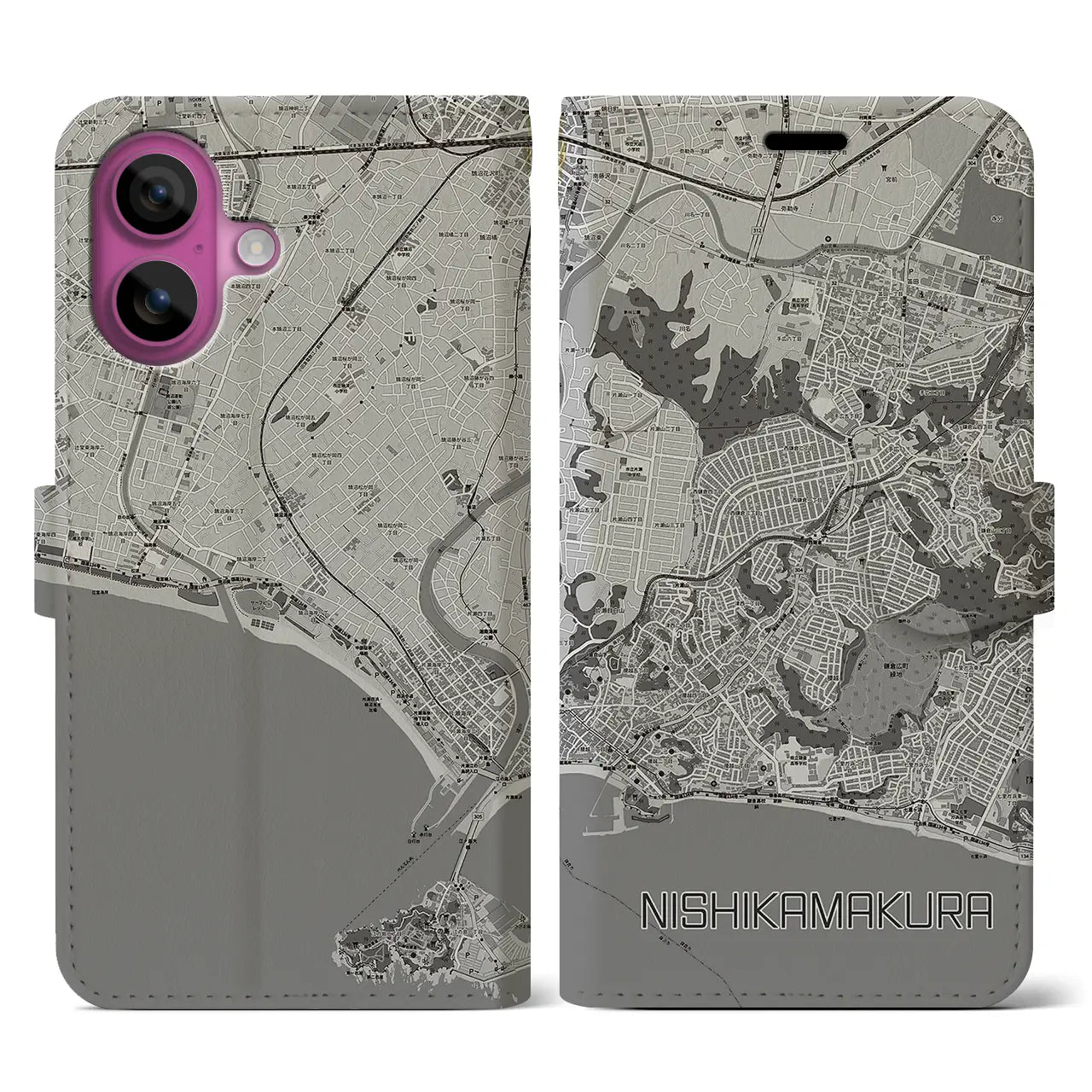 【西鎌倉(神奈川県)】地図柄iPhoneケース(手帳タイプ)モノトーン・iPhone 16 Pro 用