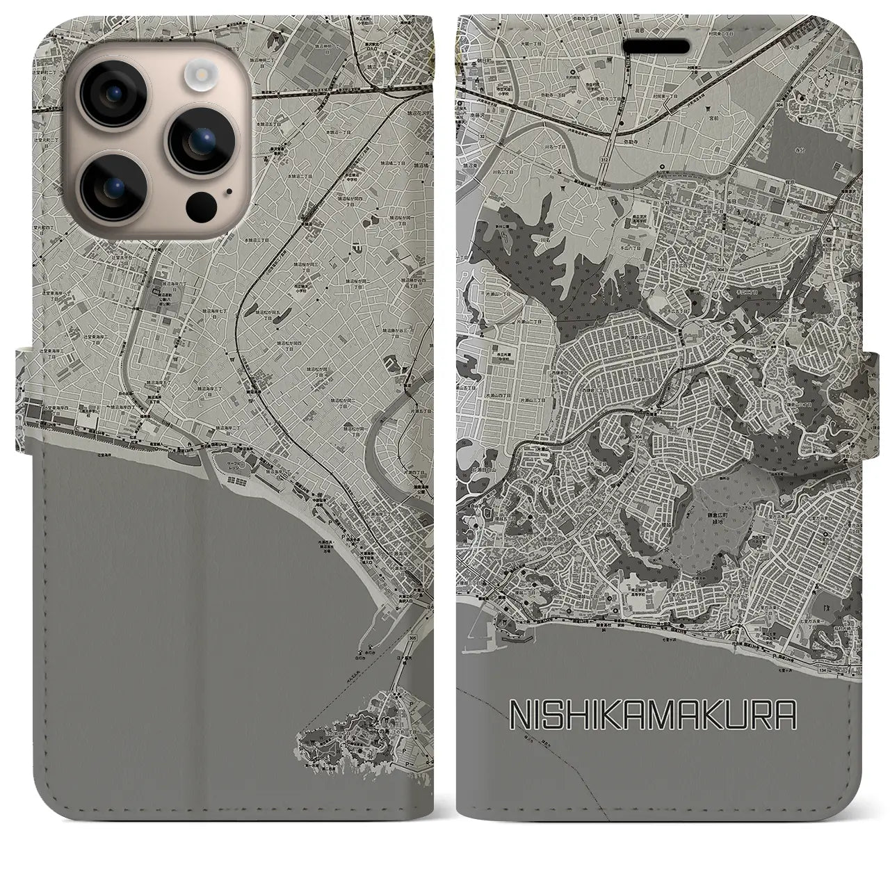 【西鎌倉(神奈川県)】地図柄iPhoneケース(手帳タイプ)モノトーン・iPhone 16 Plus 用