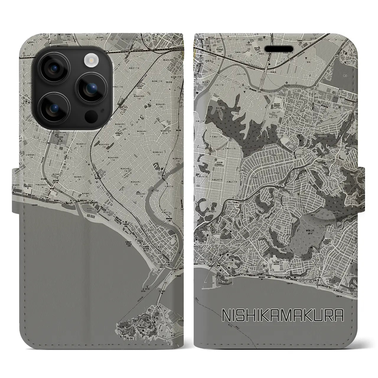 【西鎌倉(神奈川県)】地図柄iPhoneケース(手帳タイプ)モノトーン・iPhone 16 用