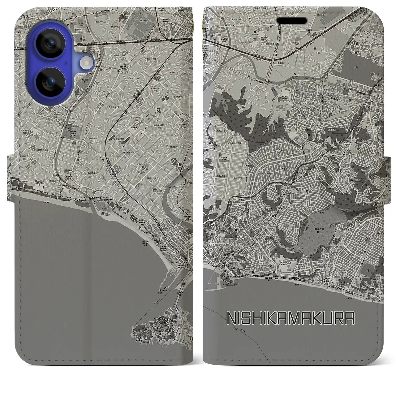【西鎌倉(神奈川県)】地図柄iPhoneケース(手帳タイプ)モノトーン・iPhone 16 Pro Max 用