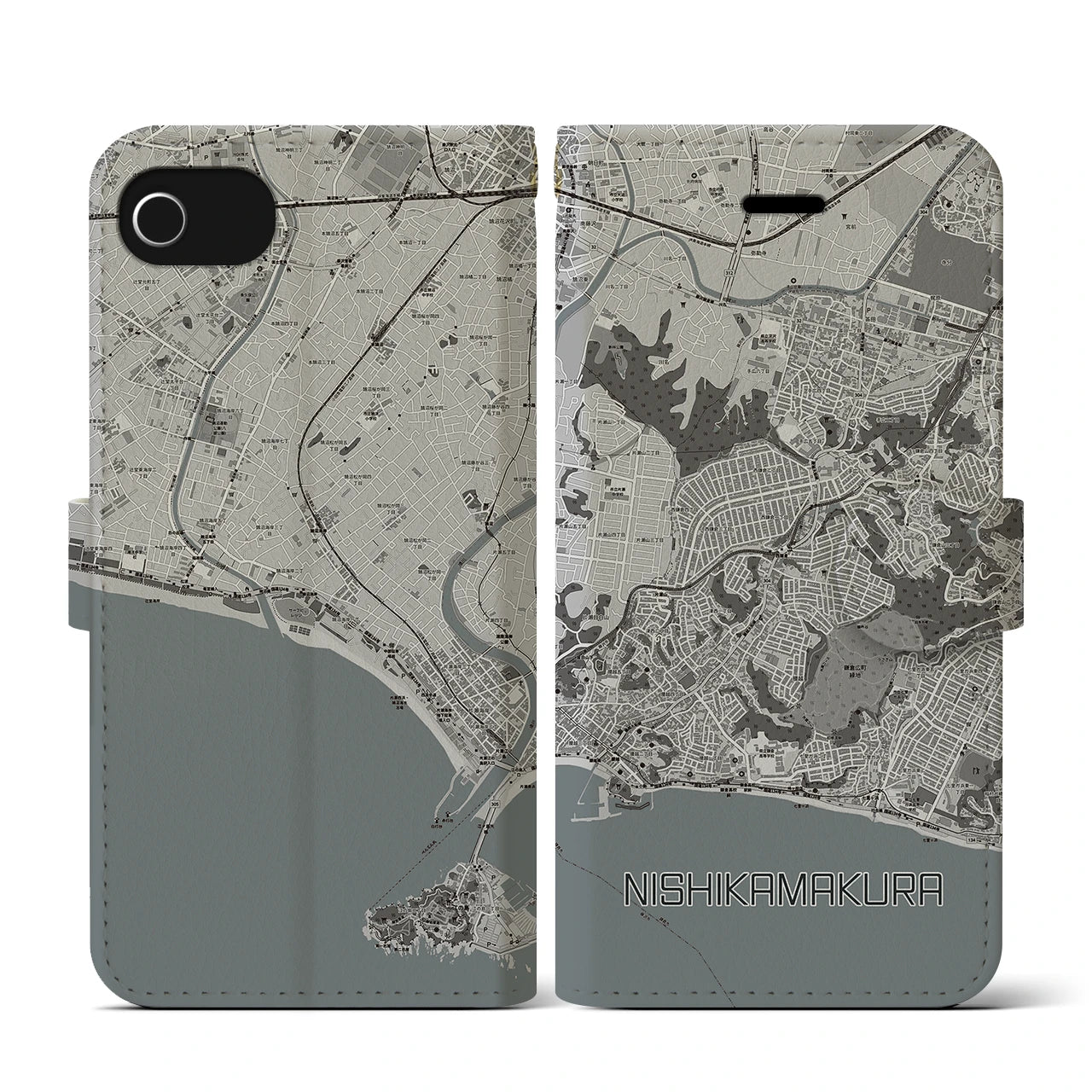 【西鎌倉(神奈川県)】地図柄iPhoneケース(手帳タイプ)モノトーン・iPhone SE(第3 / 第2世代) / 8 / 7 / 6s / 6 用