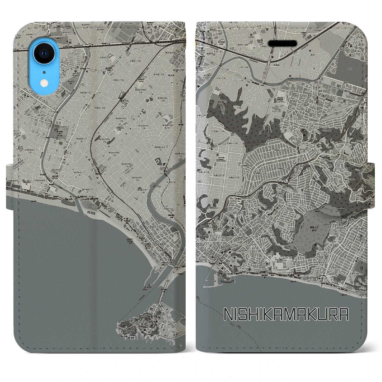 【西鎌倉(神奈川県)】地図柄iPhoneケース(手帳タイプ)モノトーン・iPhone XR 用