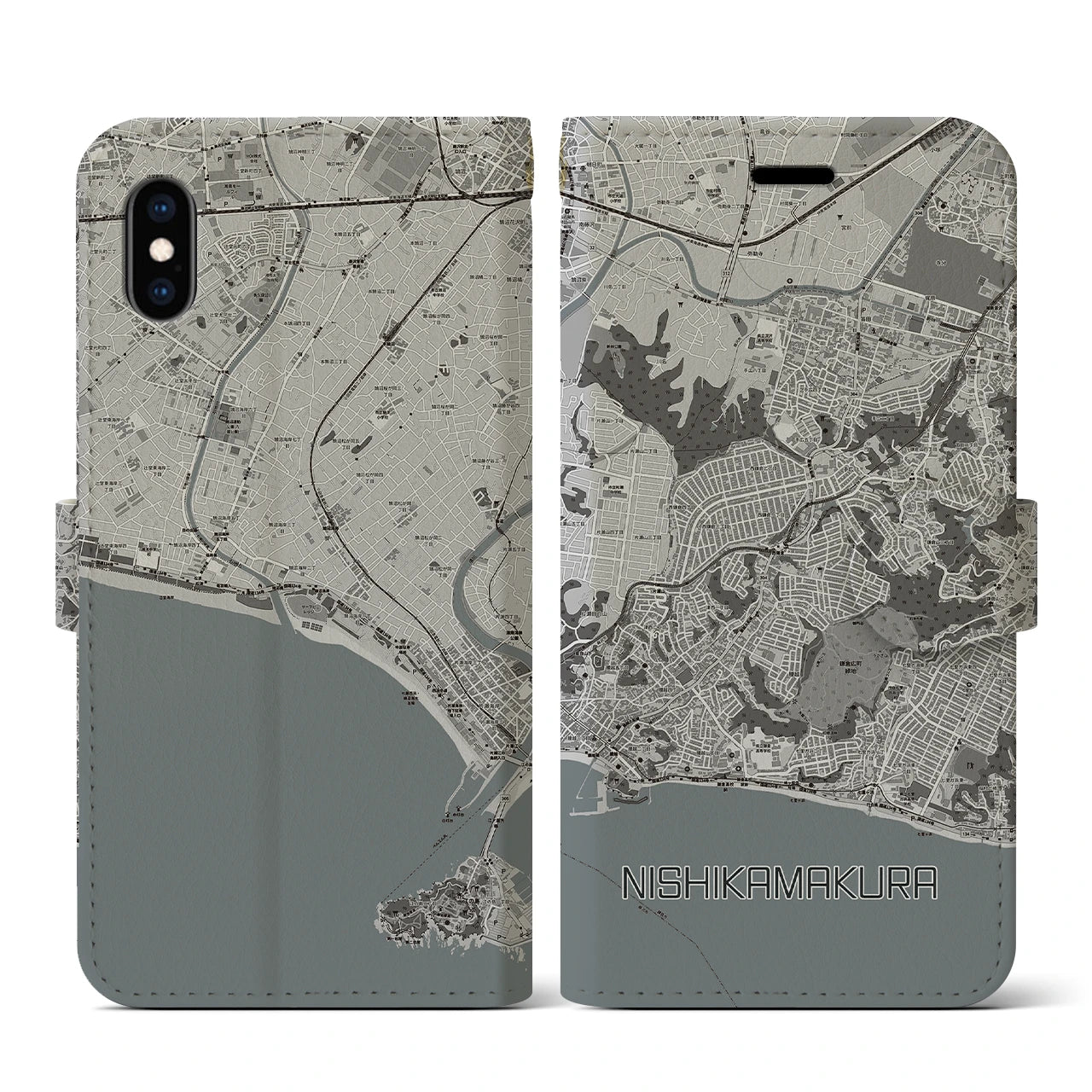 【西鎌倉(神奈川県)】地図柄iPhoneケース(手帳タイプ)モノトーン・iPhone XS / X 用