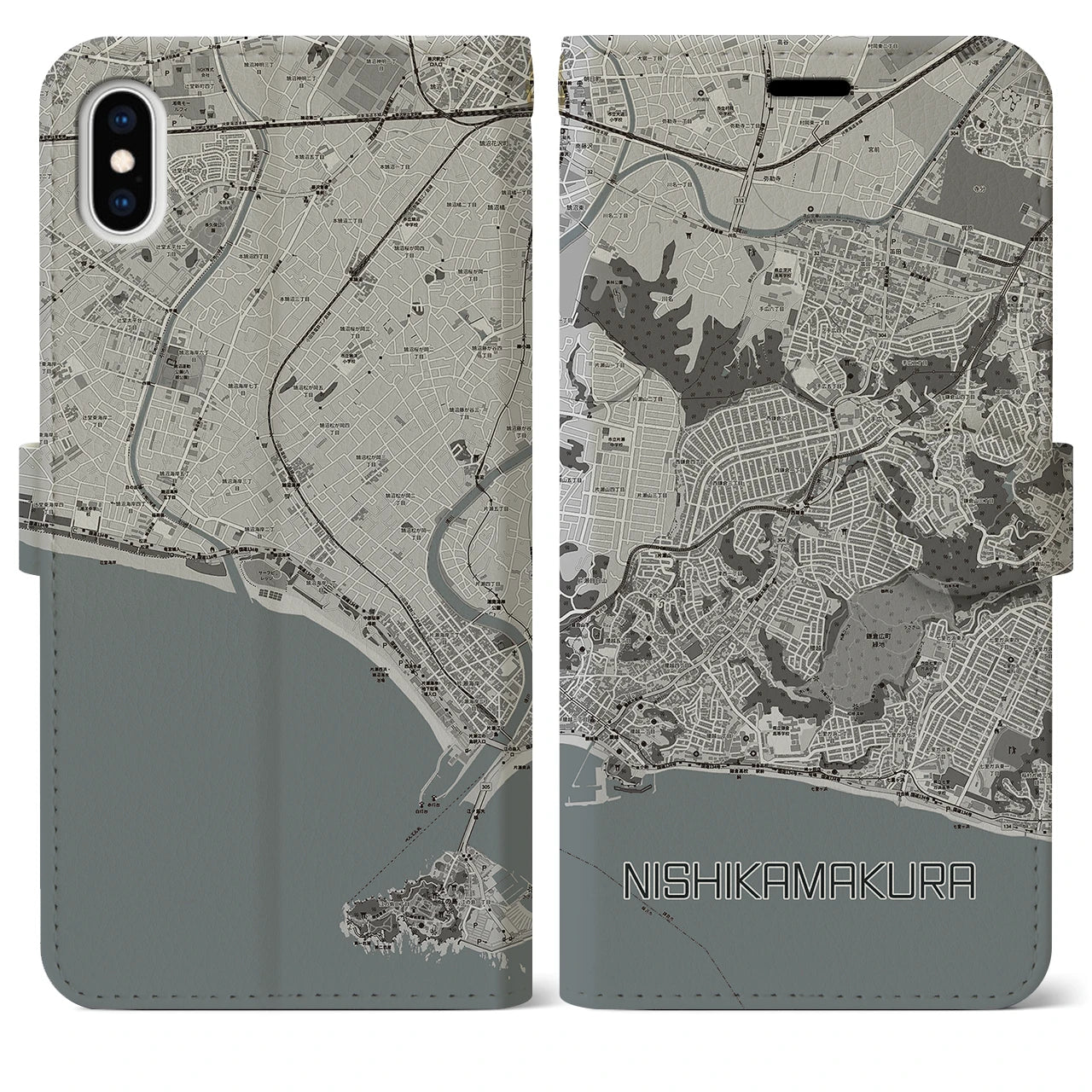 【西鎌倉(神奈川県)】地図柄iPhoneケース(手帳タイプ)モノトーン・iPhone XS Max 用