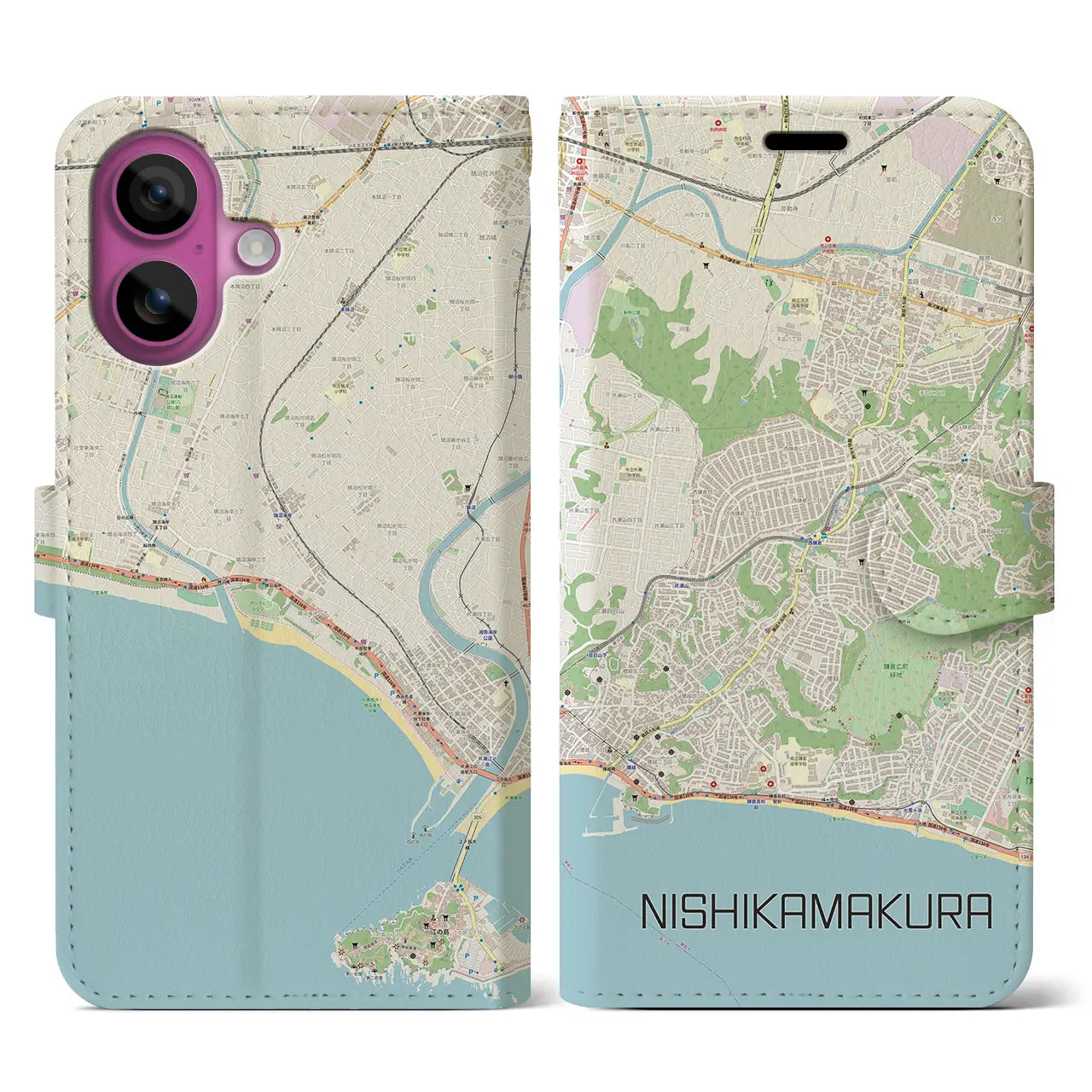 【西鎌倉(神奈川県)】地図柄iPhoneケース(手帳タイプ)ナチュラル・iPhone 16 Pro 用