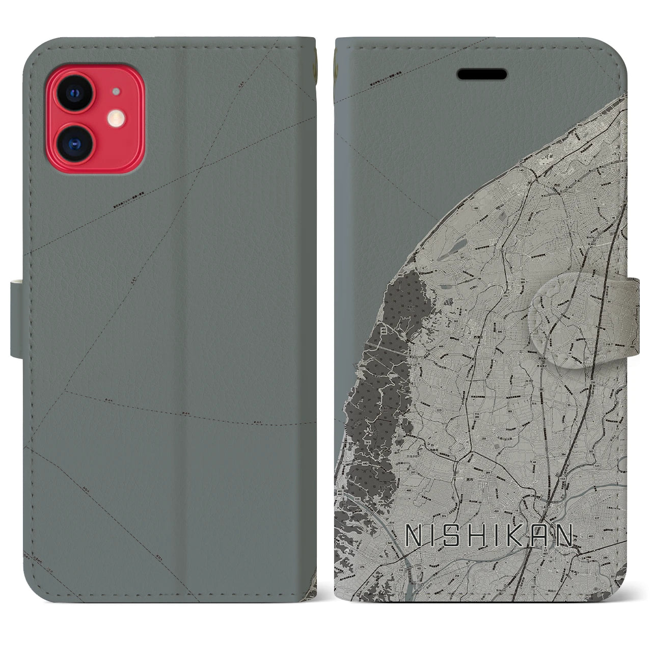 【西蒲(新潟県)】地図柄iPhoneケース(手帳タイプ)モノトーン・iPhone 11 用