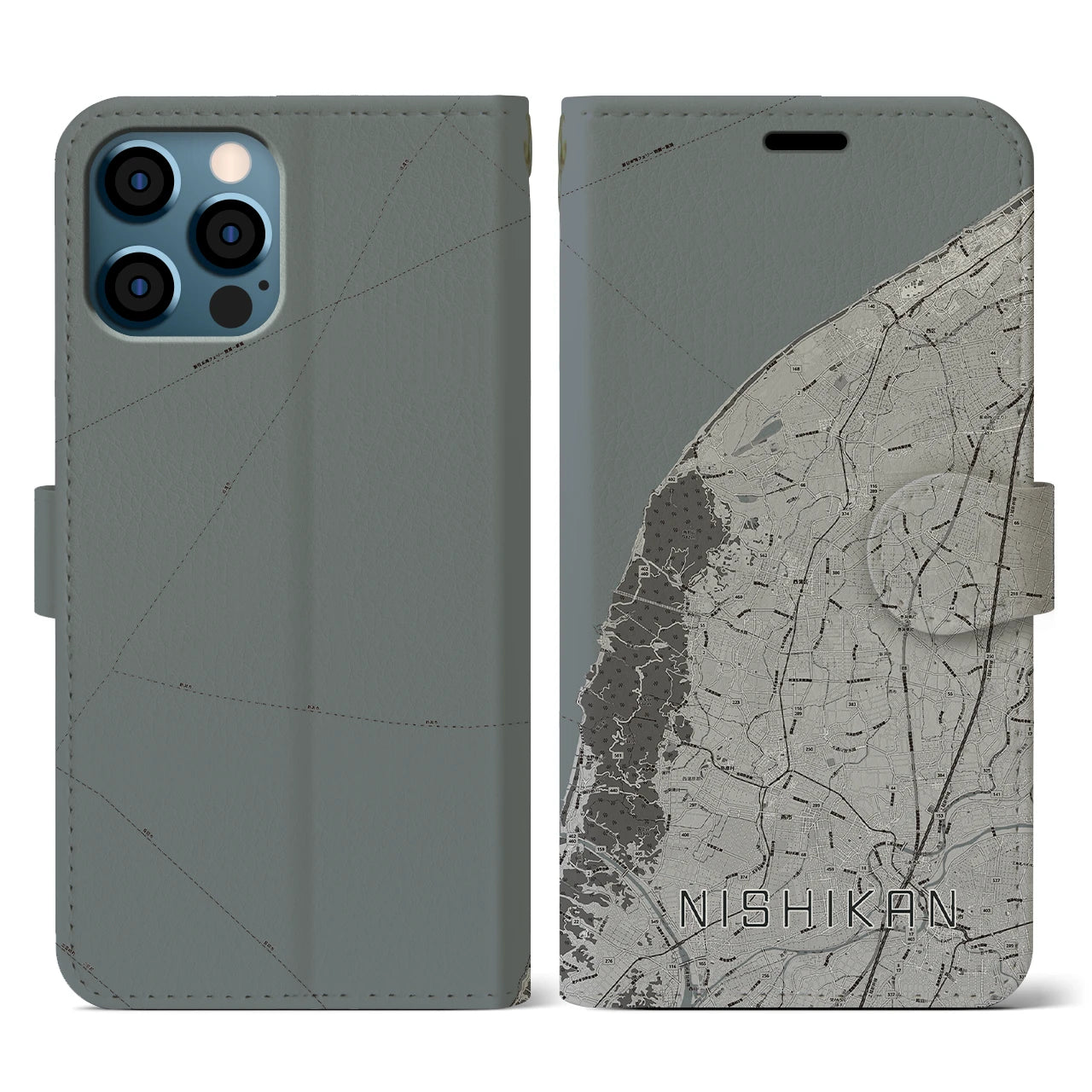 【西蒲(新潟県)】地図柄iPhoneケース(手帳タイプ)モノトーン・iPhone 12 / 12 Pro 用
