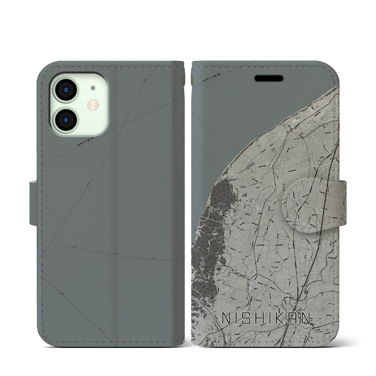 【西蒲(新潟県)】地図柄iPhoneケース(手帳タイプ)モノトーン・iPhone 12 mini 用