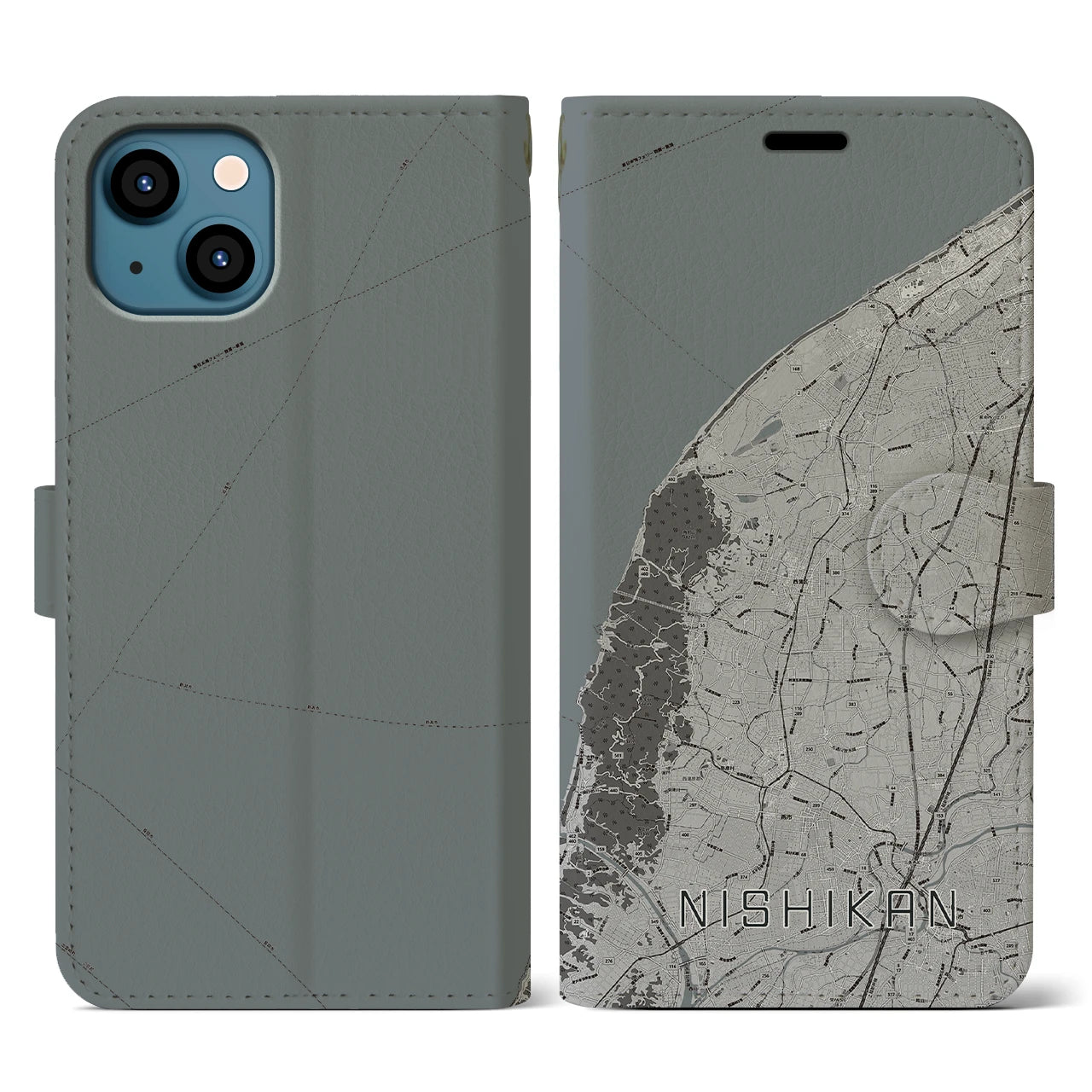 【西蒲(新潟県)】地図柄iPhoneケース(手帳タイプ)モノトーン・iPhone 13 用