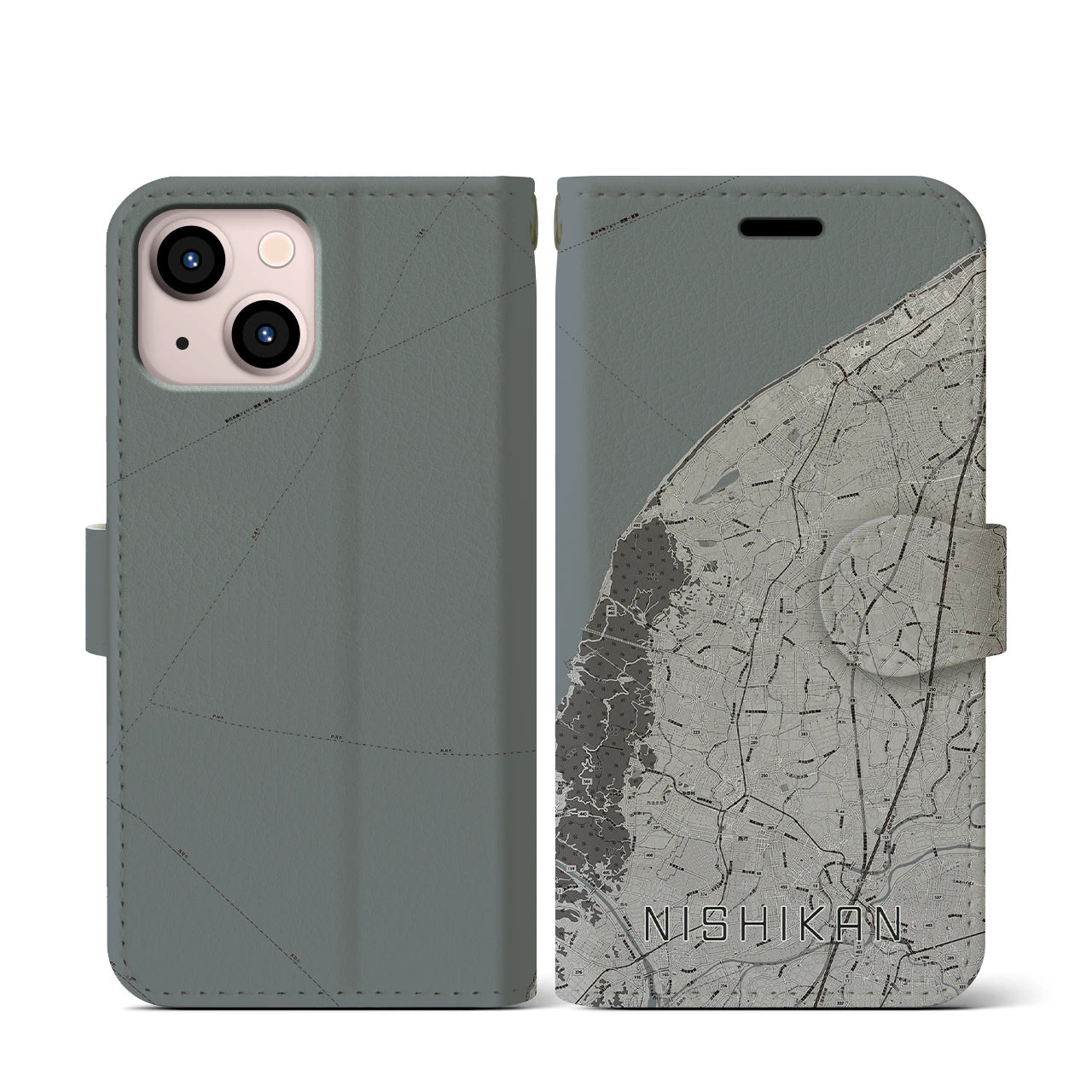 【西蒲(新潟県)】地図柄iPhoneケース(手帳タイプ)モノトーン・iPhone 13 mini 用