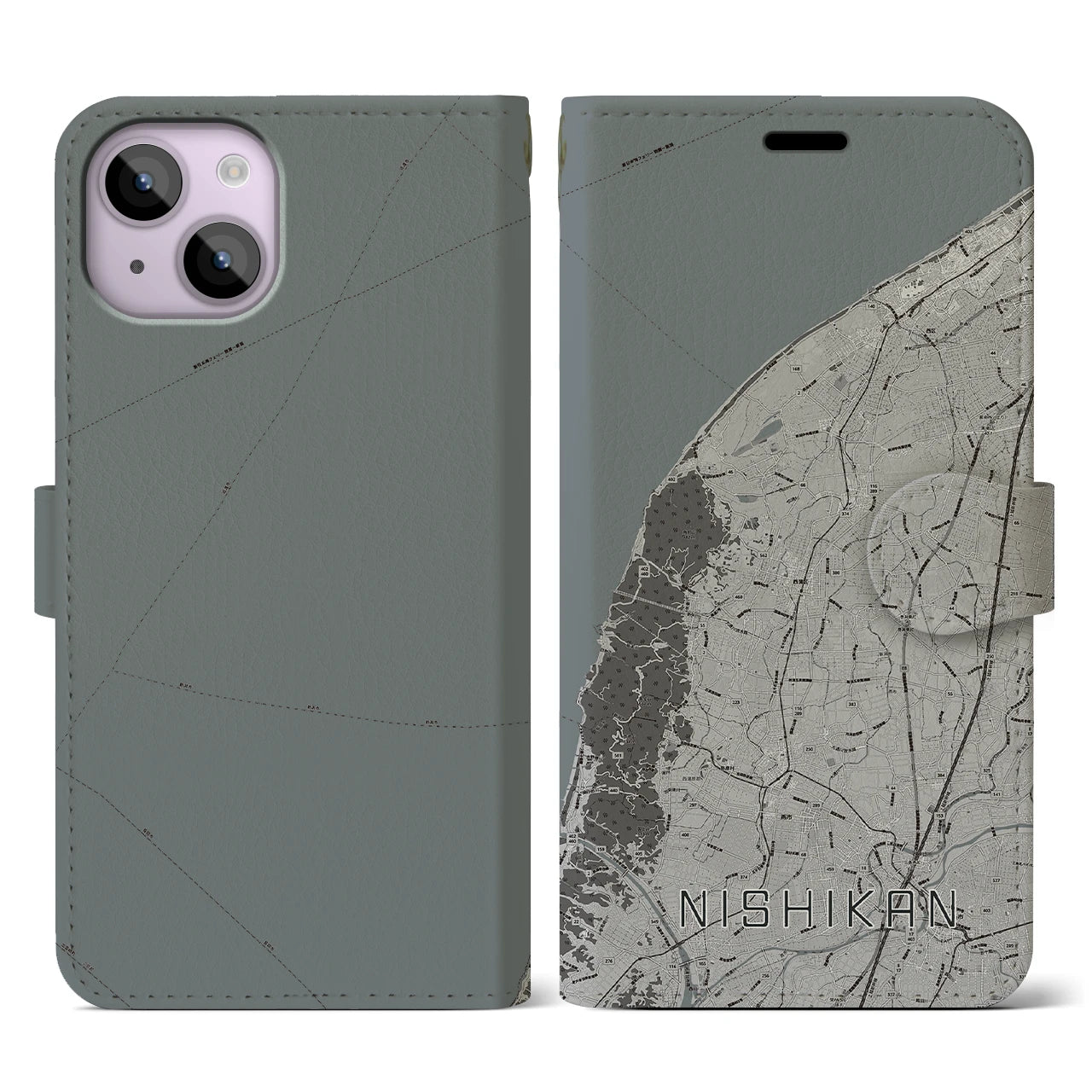 【西蒲(新潟県)】地図柄iPhoneケース(手帳タイプ)モノトーン・iPhone 14 用
