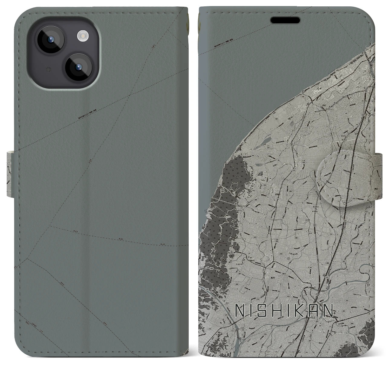 【西蒲(新潟県)】地図柄iPhoneケース(手帳タイプ)モノトーン・iPhone 14 Plus 用