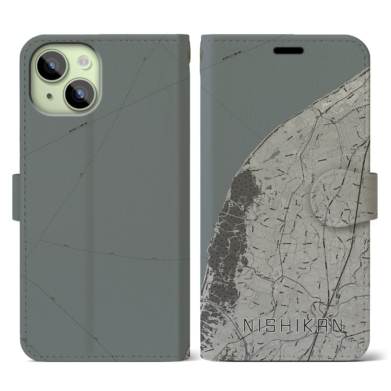 【西蒲(新潟県)】地図柄iPhoneケース(手帳タイプ)モノトーン・iPhone 15 用