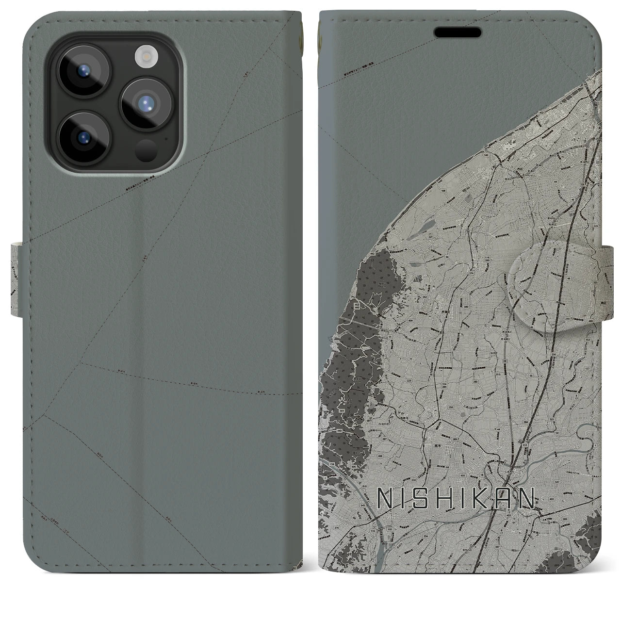 【西蒲(新潟県)】地図柄iPhoneケース(手帳タイプ)モノトーン・iPhone 15 Pro Max 用