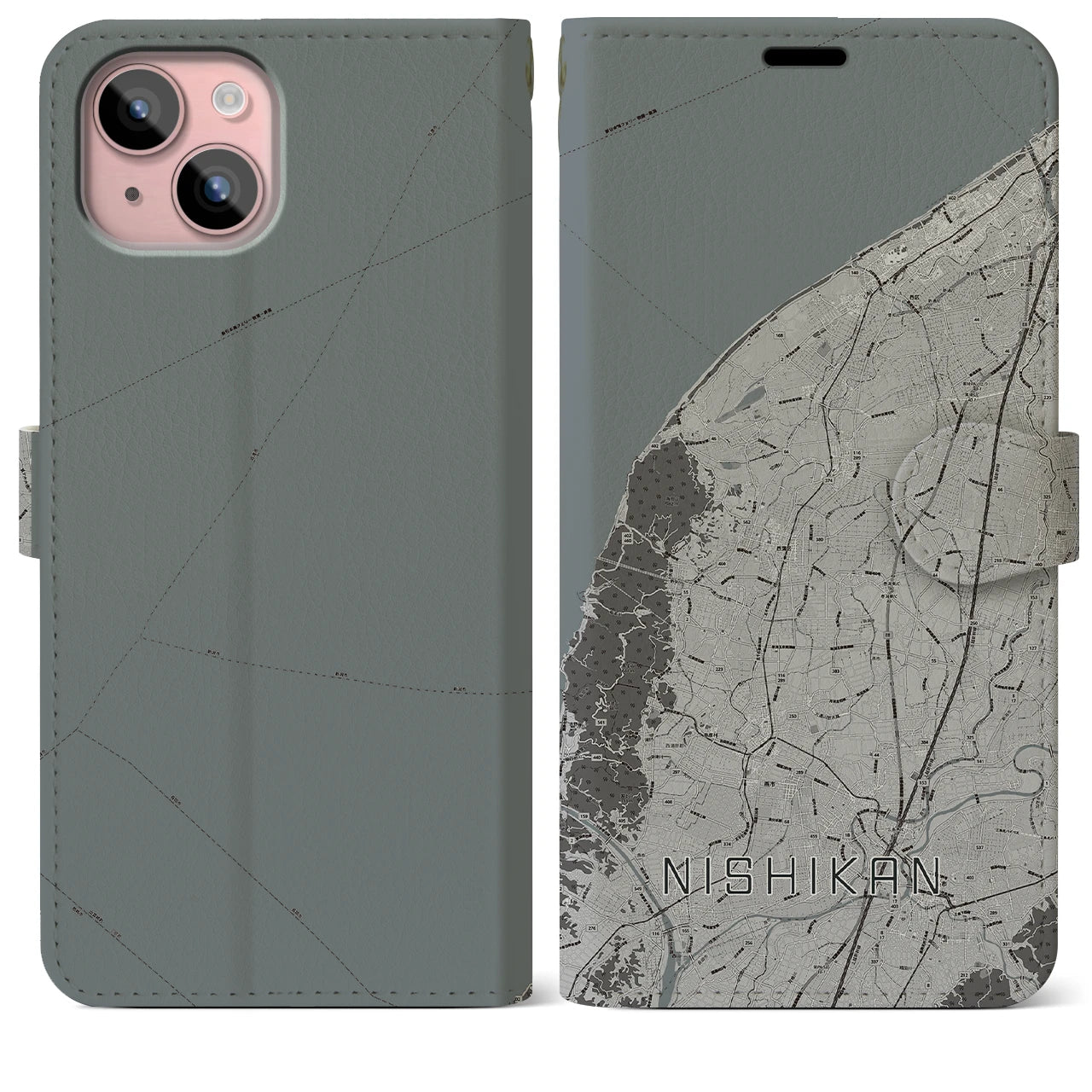 【西蒲(新潟県)】地図柄iPhoneケース(手帳タイプ)モノトーン・iPhone 15 Plus 用