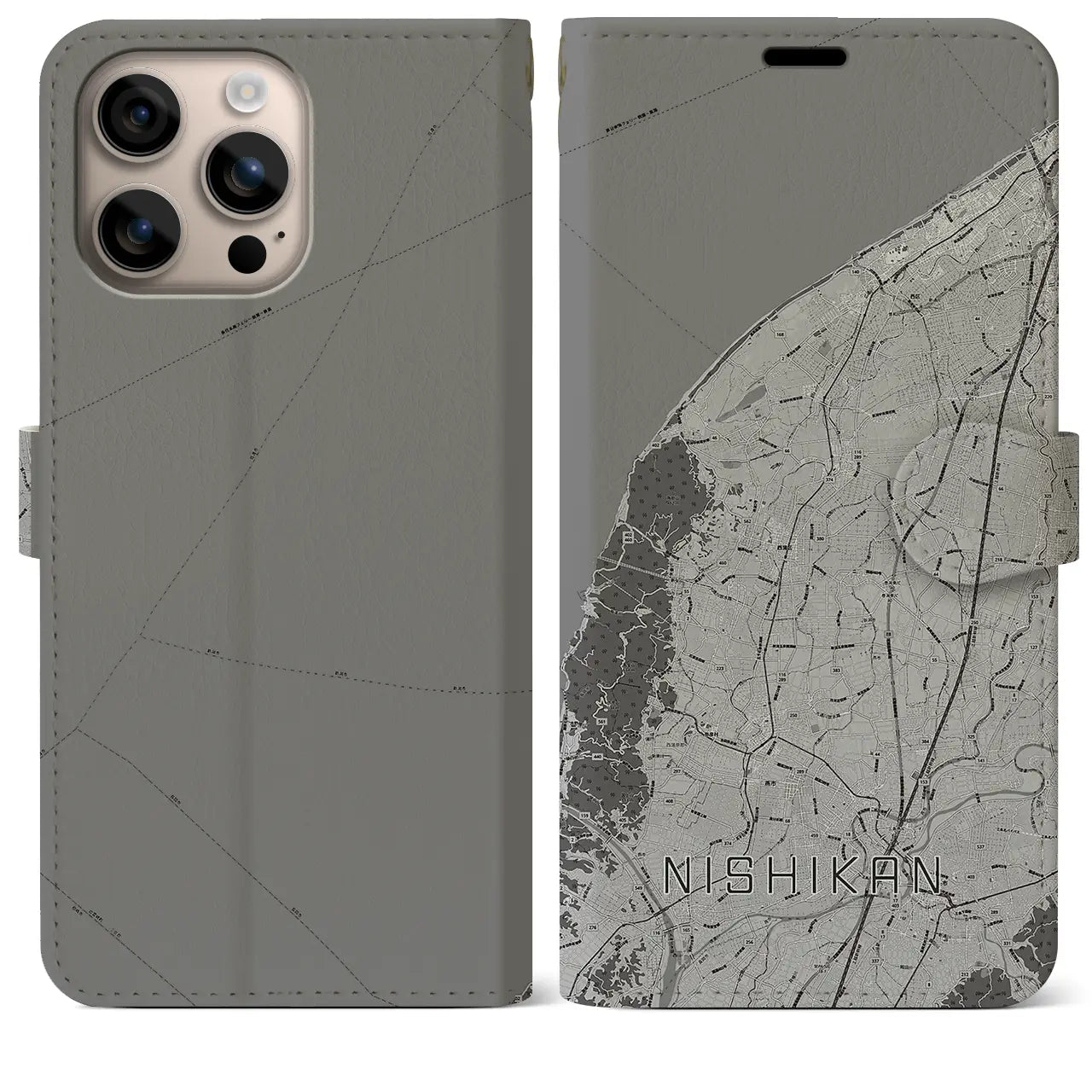 【西蒲(新潟県)】地図柄iPhoneケース(手帳タイプ)モノトーン・iPhone 16 Plus 用