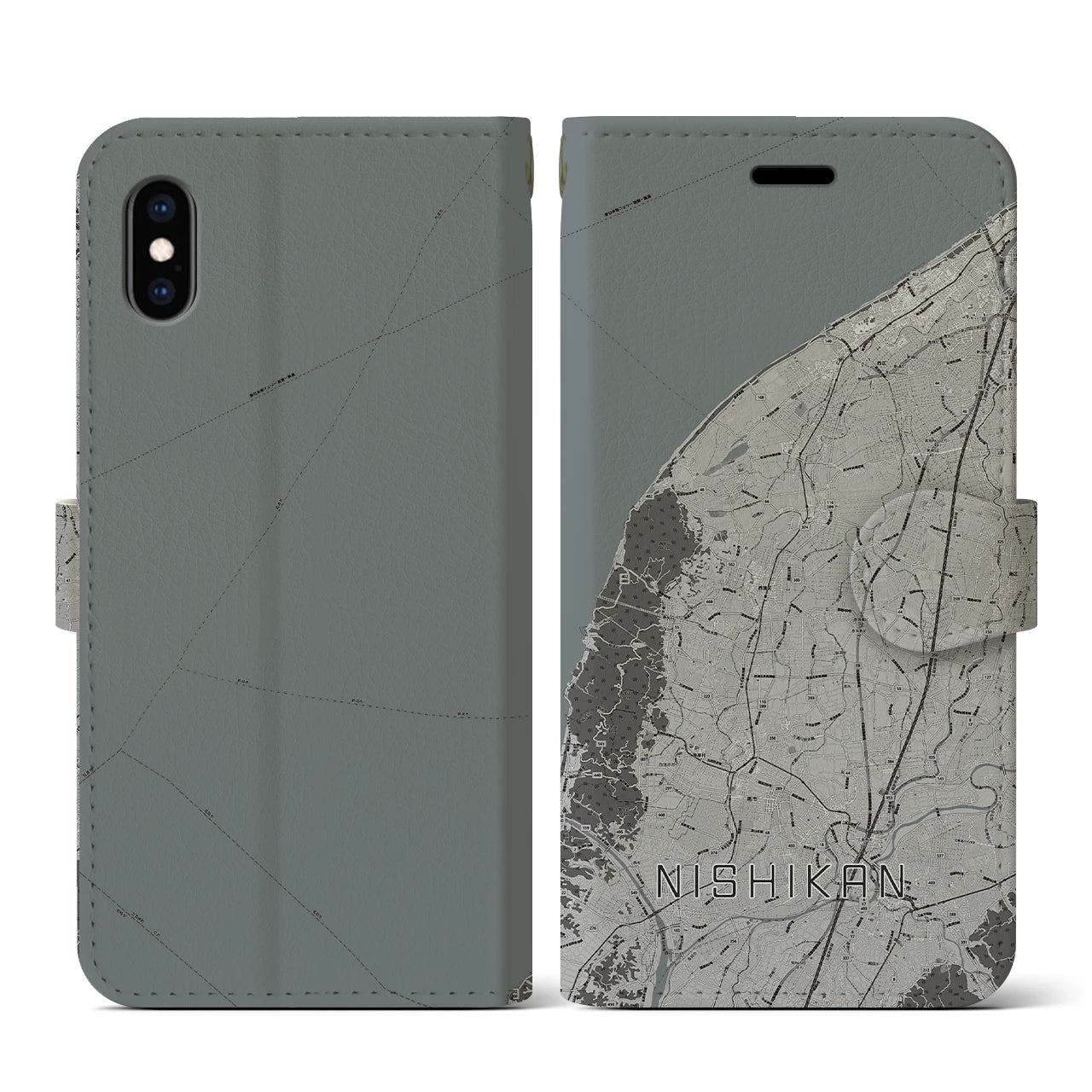 【西蒲(新潟県)】地図柄iPhoneケース(手帳タイプ)モノトーン・iPhone XS / X 用
