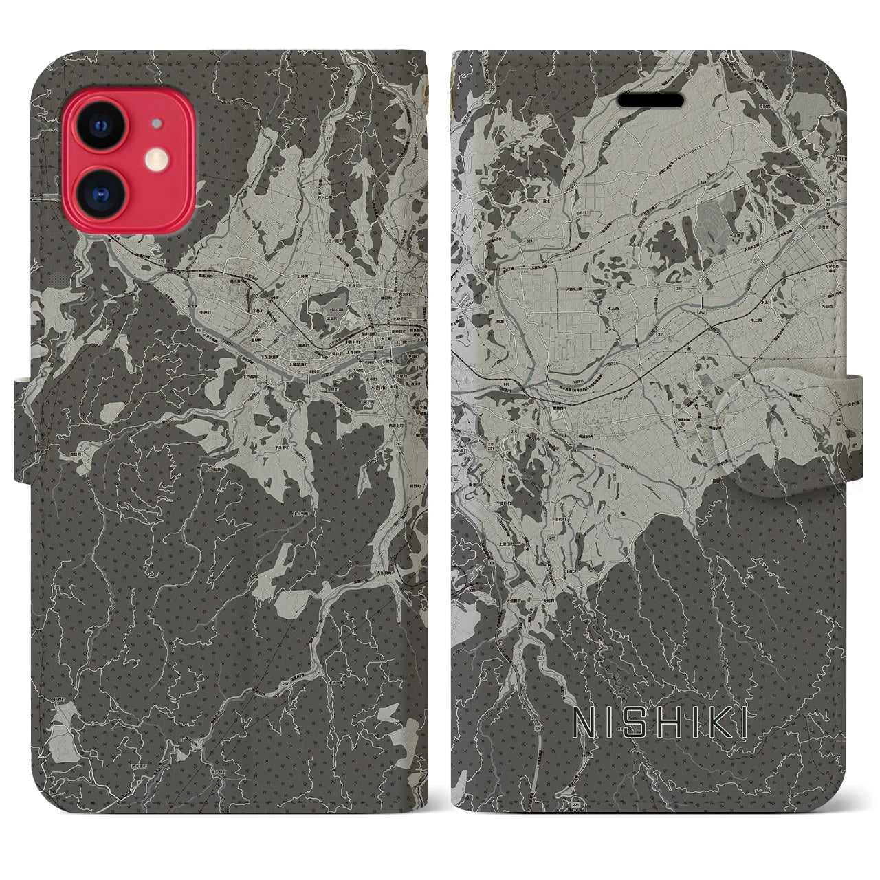 【錦(熊本県)】地図柄iPhoneケース(手帳タイプ)モノトーン・iPhone 11 用