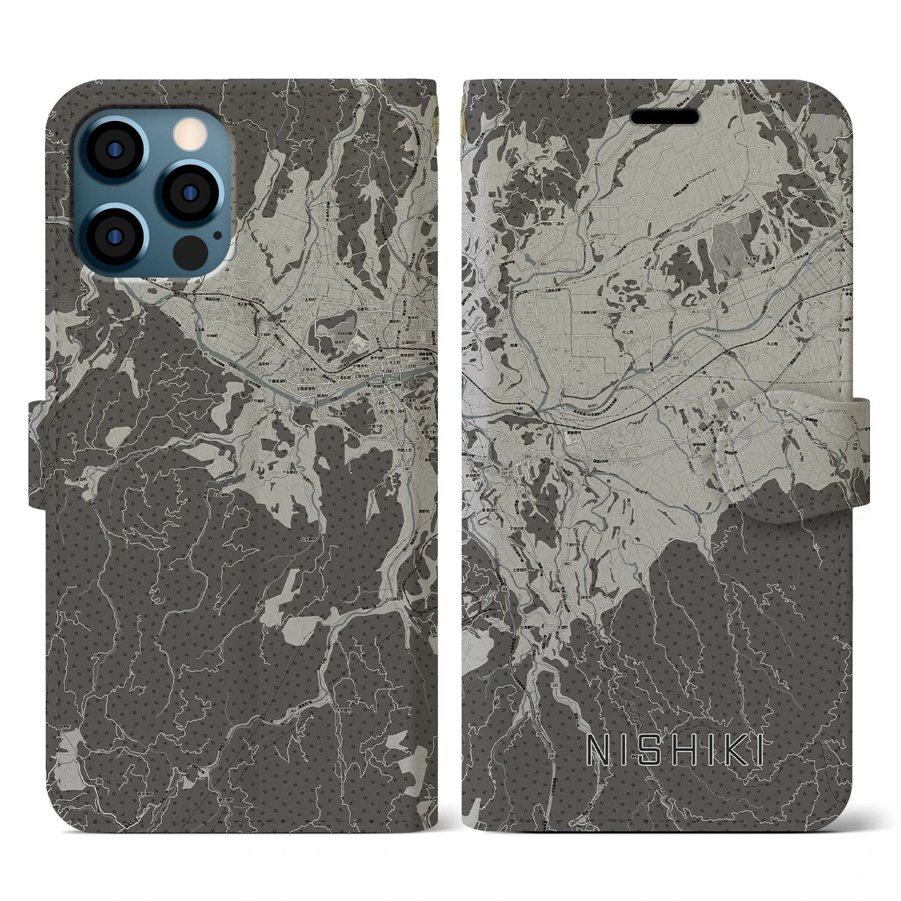 【錦(熊本県)】地図柄iPhoneケース(手帳タイプ)モノトーン・iPhone 12 / 12 Pro 用