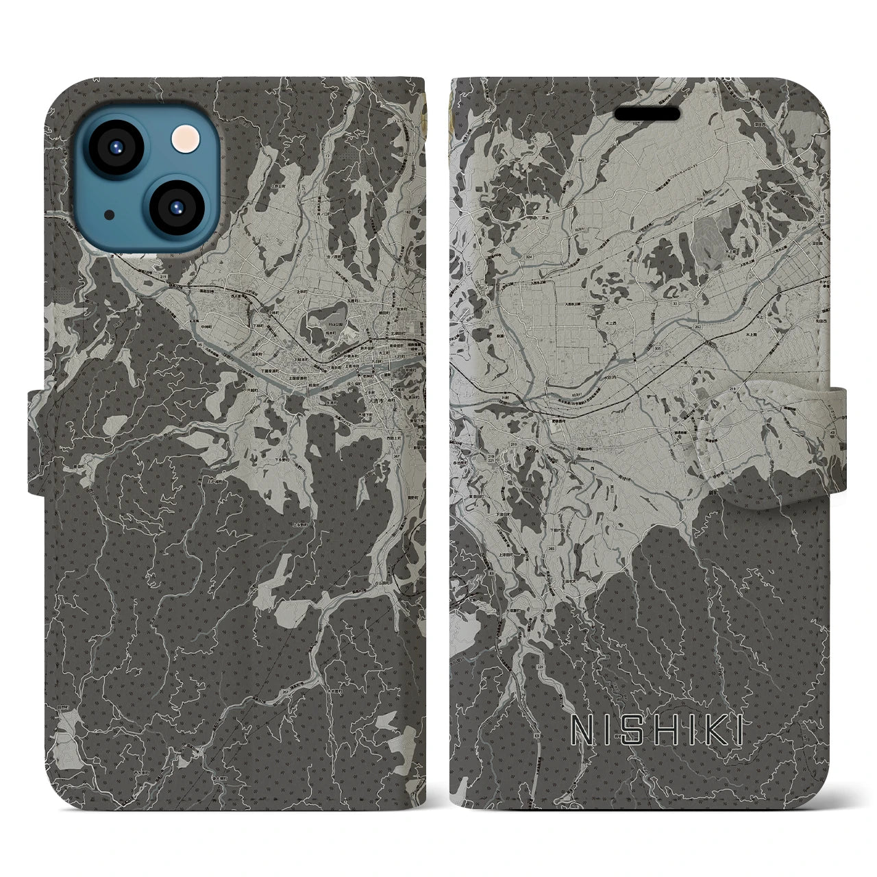 【錦(熊本県)】地図柄iPhoneケース(手帳タイプ)モノトーン・iPhone 13 用