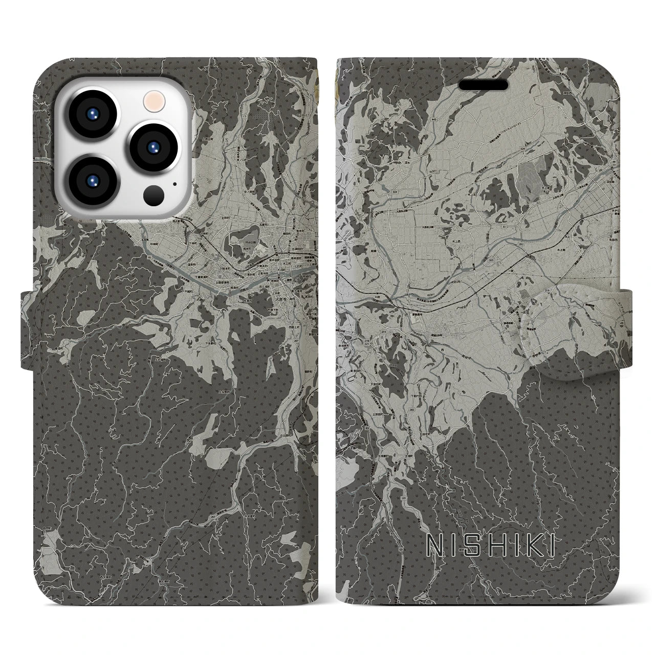 【錦(熊本県)】地図柄iPhoneケース(手帳タイプ)モノトーン・iPhone 13 Pro 用