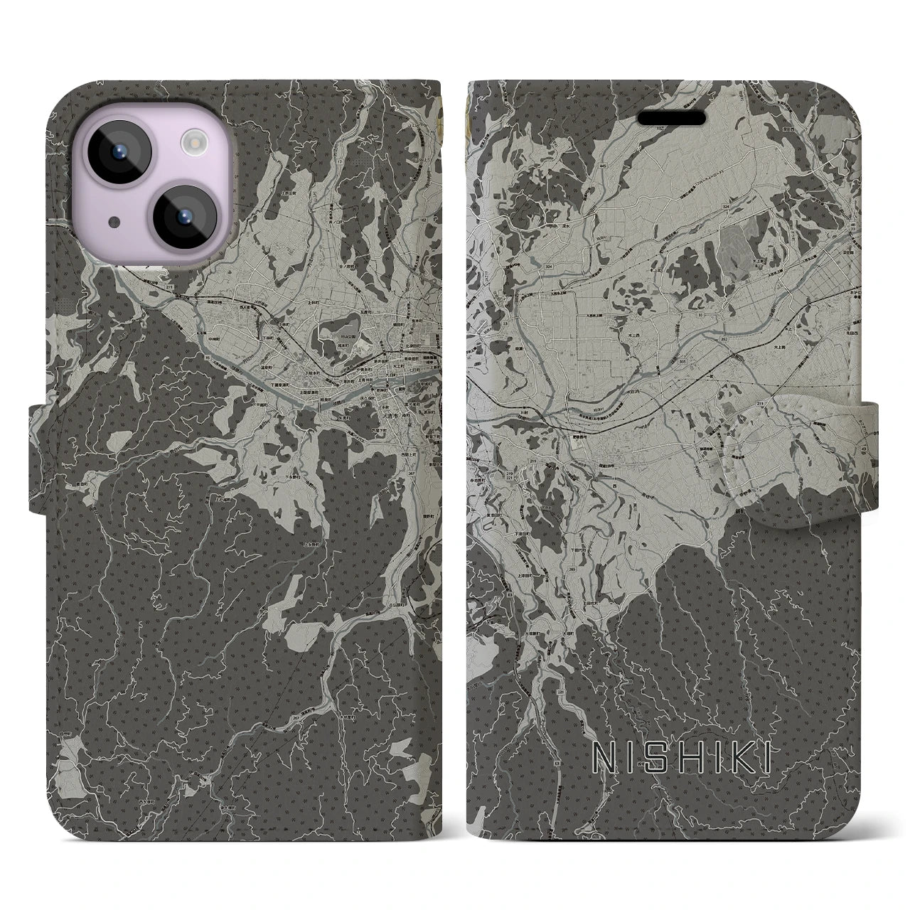 【錦(熊本県)】地図柄iPhoneケース(手帳タイプ)モノトーン・iPhone 14 用
