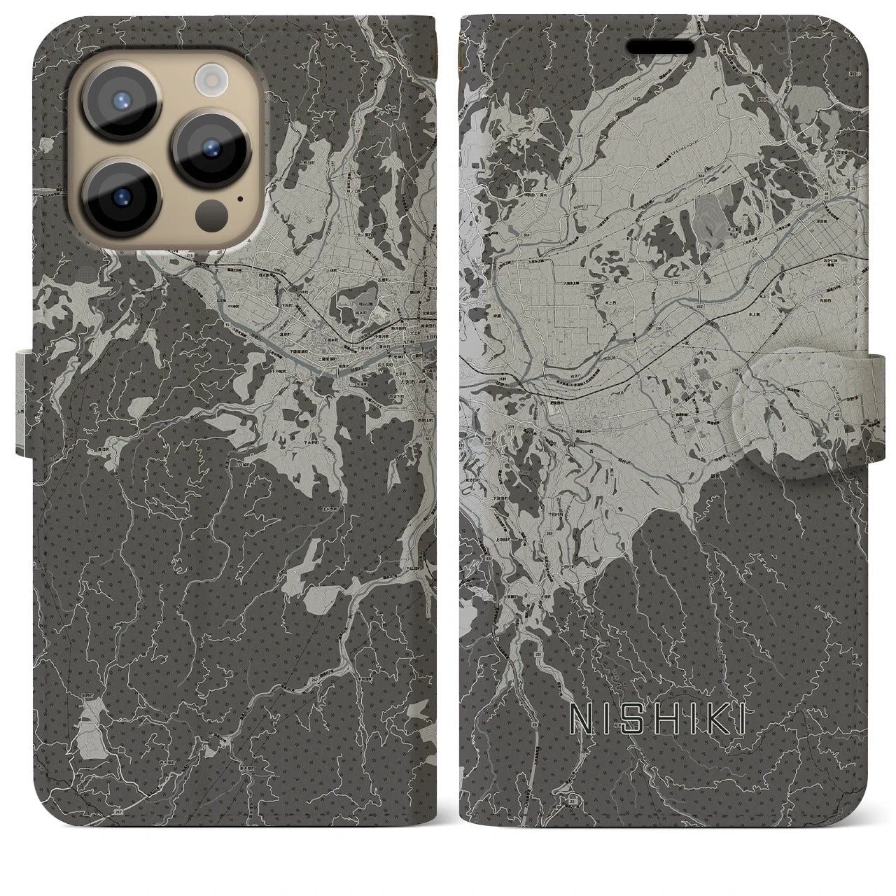 【錦(熊本県)】地図柄iPhoneケース(手帳タイプ)モノトーン・iPhone 14 Pro Max 用