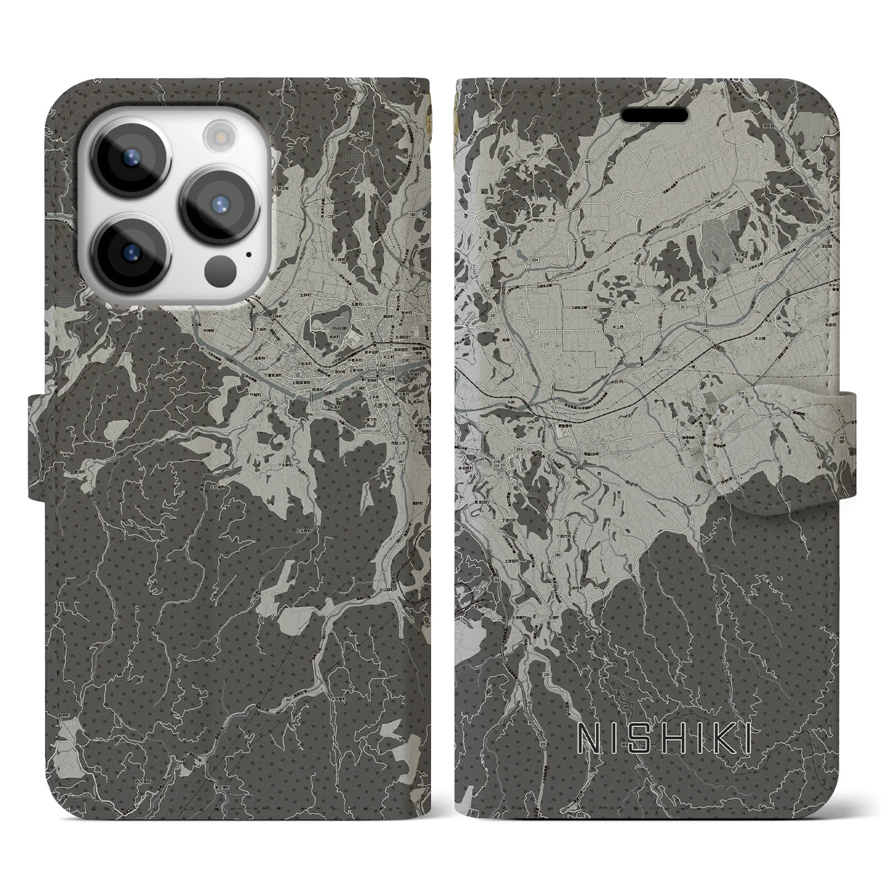 【錦(熊本県)】地図柄iPhoneケース(手帳タイプ)モノトーン・iPhone 14 Pro 用