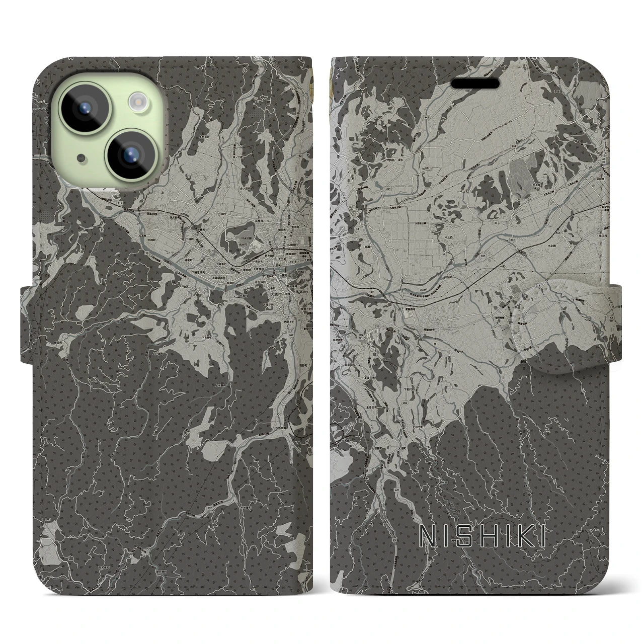 【錦(熊本県)】地図柄iPhoneケース(手帳タイプ)モノトーン・iPhone 15 用