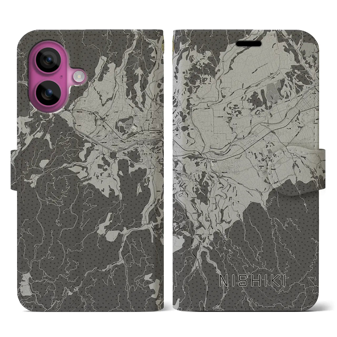 【錦(熊本県)】地図柄iPhoneケース(手帳タイプ)モノトーン・iPhone 16 Pro 用